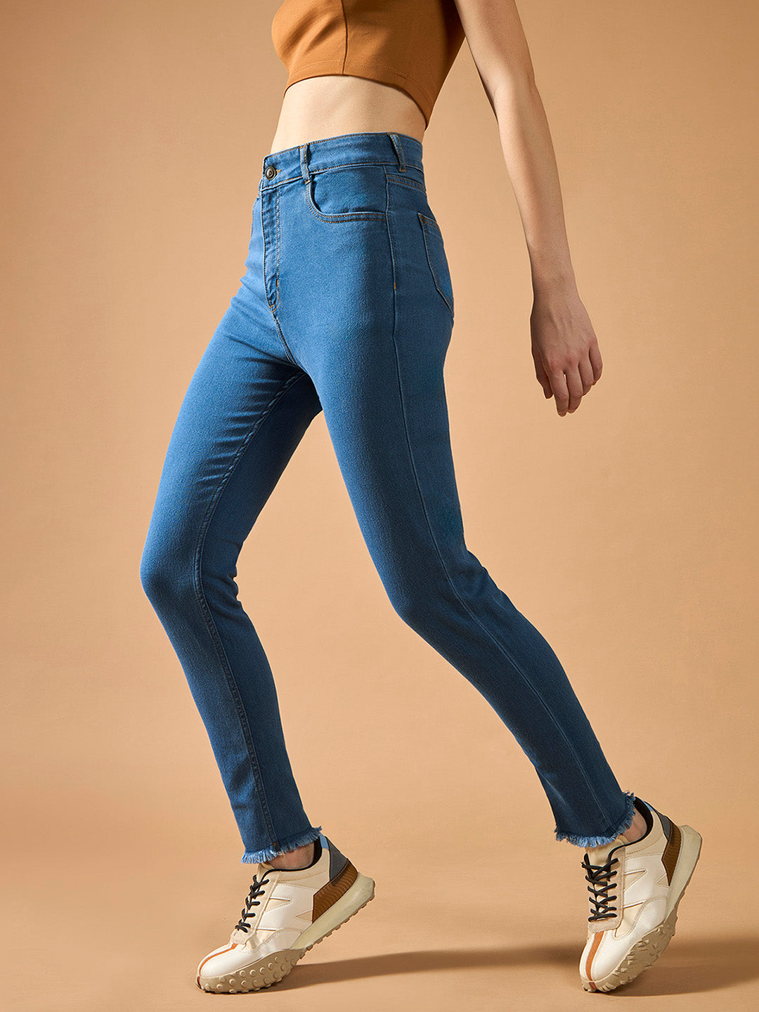 Women's Blue Skinny High-Rise Cropped-Length Fringe Detailing Stretchable Denim Jeans