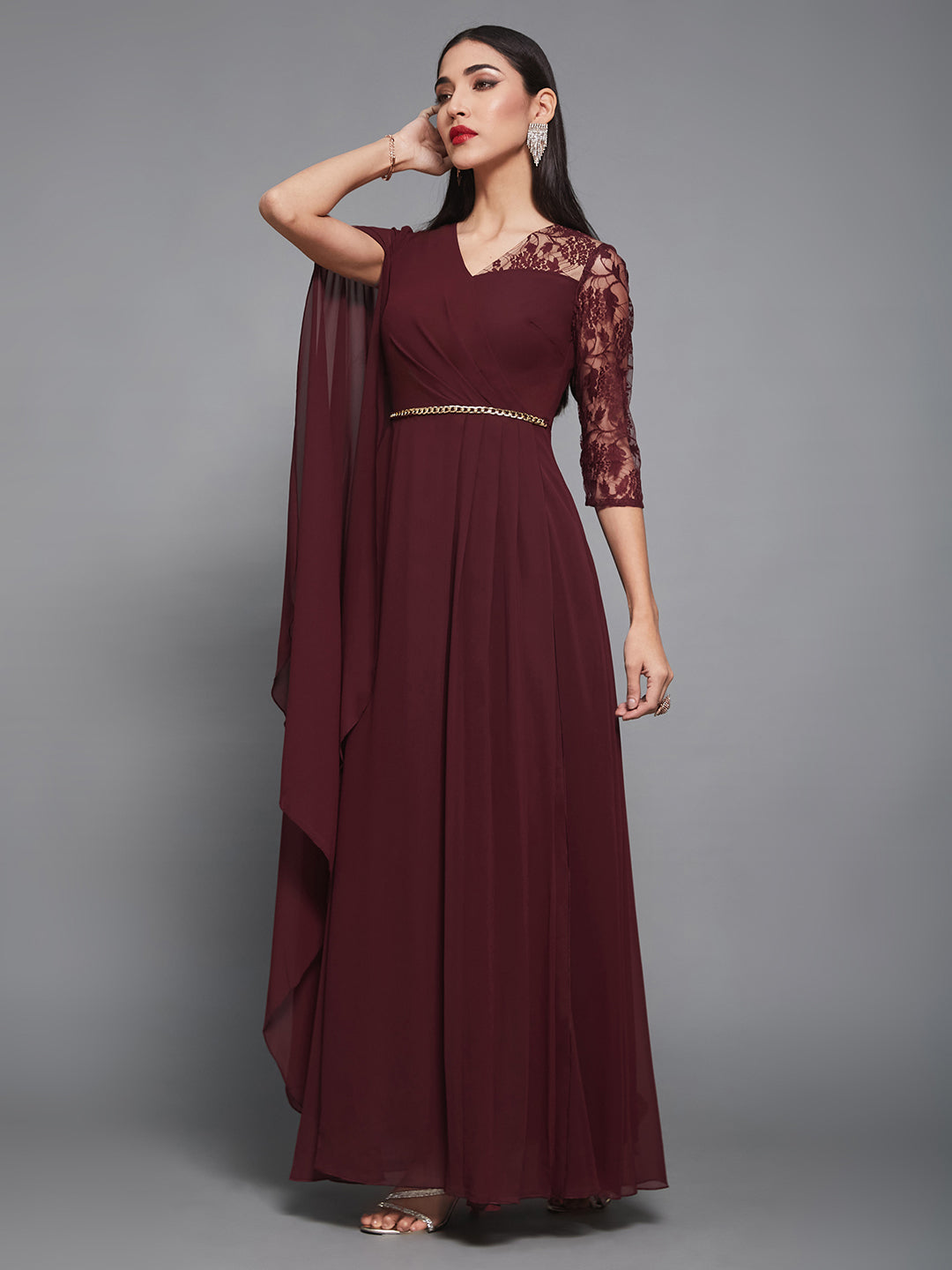 Women's Wine V-Neck 3/4 Sleeve Self-Designed Asymmetric Georgette Maxi Dress