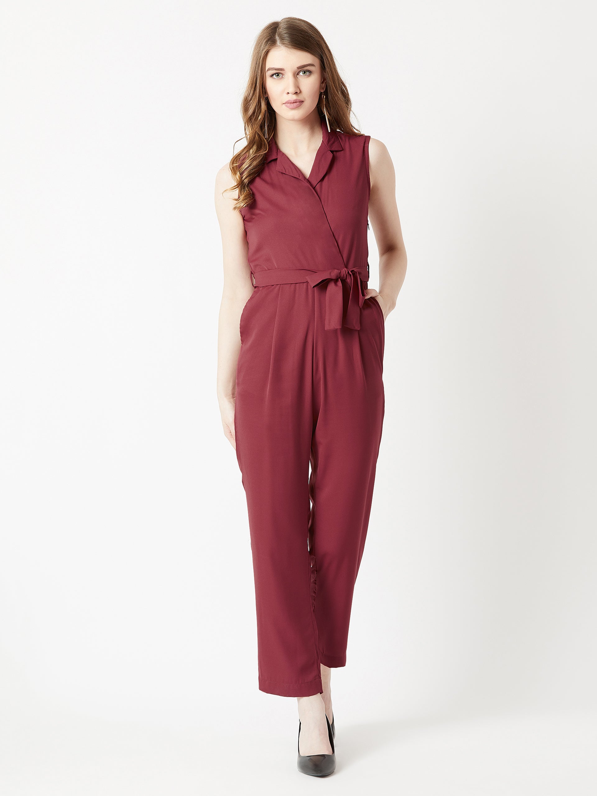 Women's Maroon V-Neck Sleeveless Straight Leg Tie-Up Solid Belted Wrap Jumpsuit