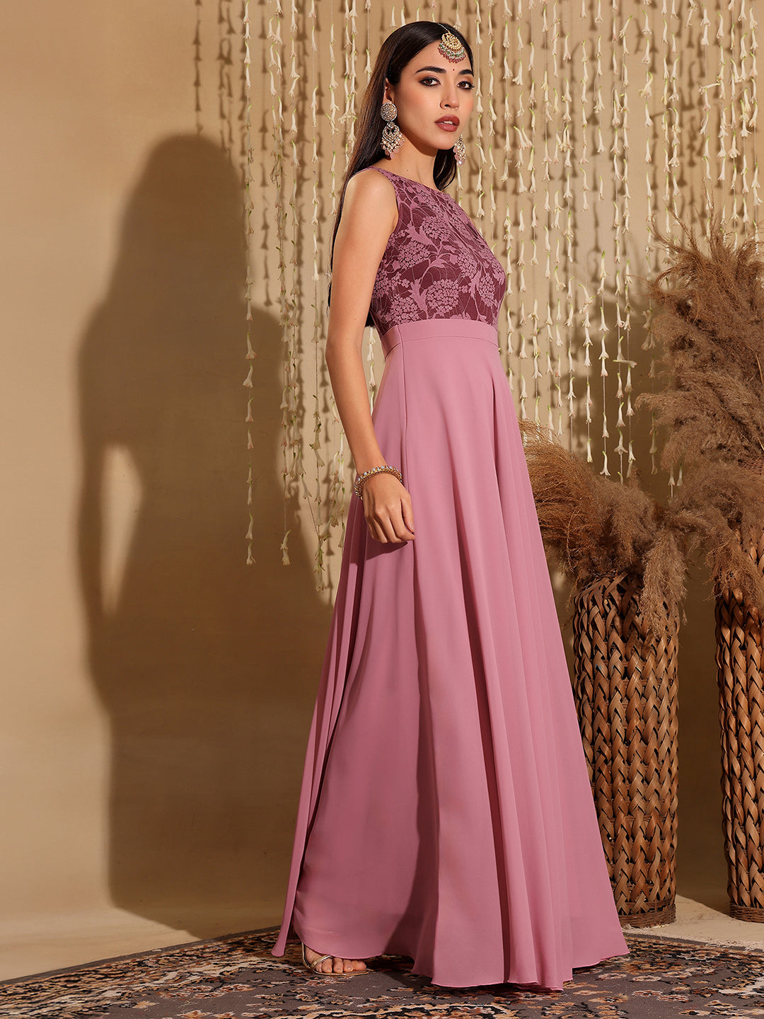 Women's Lavender Round neck Sleeveless Solid Lace Overlaid Maxi Dress