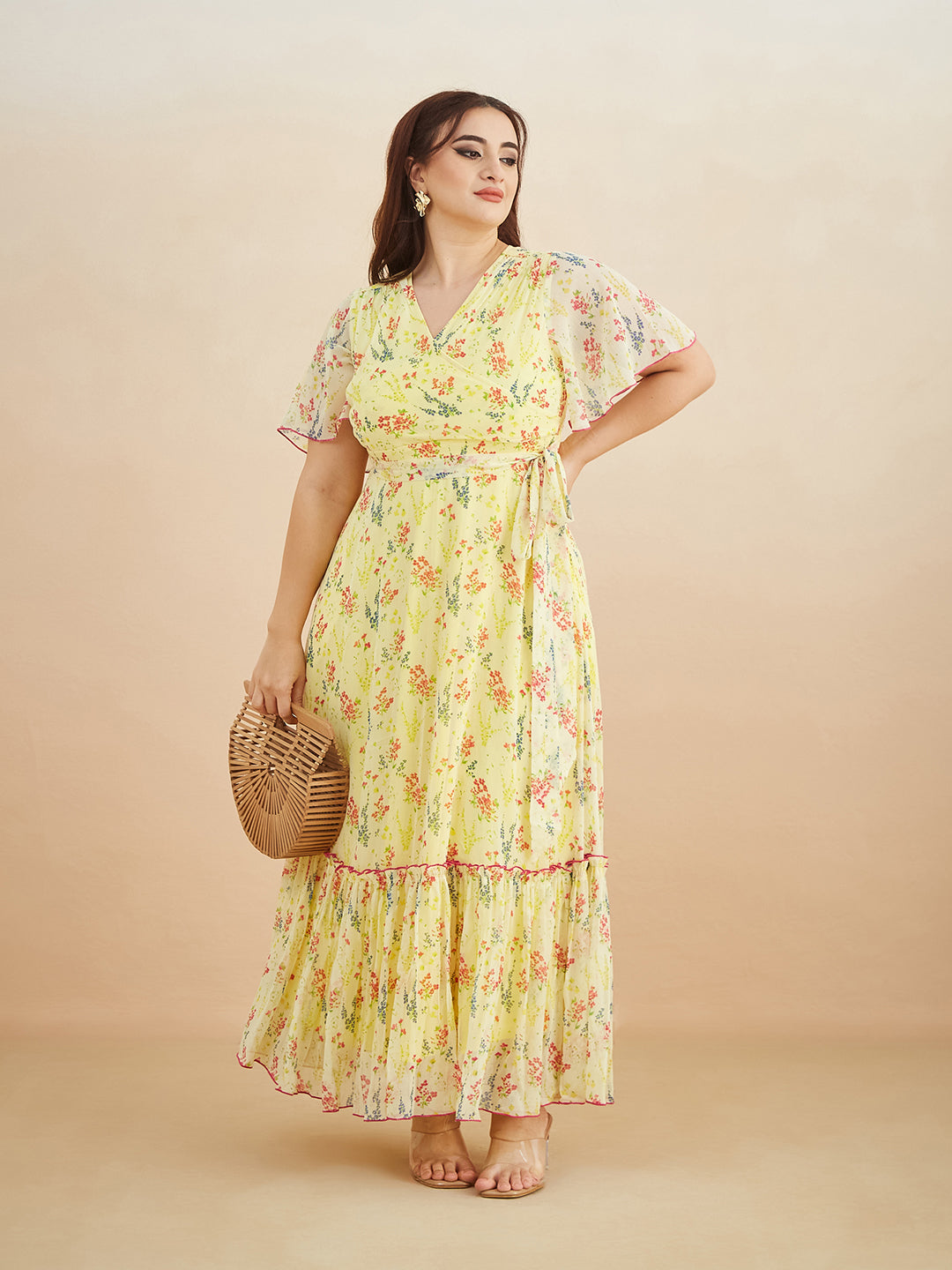 Yellow V Neck Flared Sleeve Floral Wrap Maxi Dress for Women