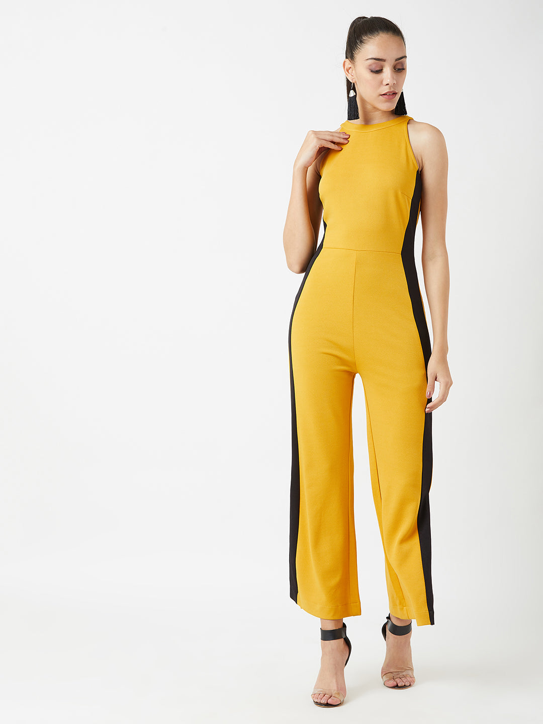 Crease Ease Women's Mustard Yellow & Black Halter Neck Sleeveless Solid Flared Jumpsuit