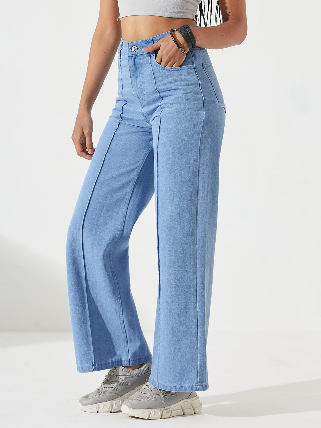 Light Blue Straight-Fit High-Rise Non-Stretchable Denim Jeans For Women