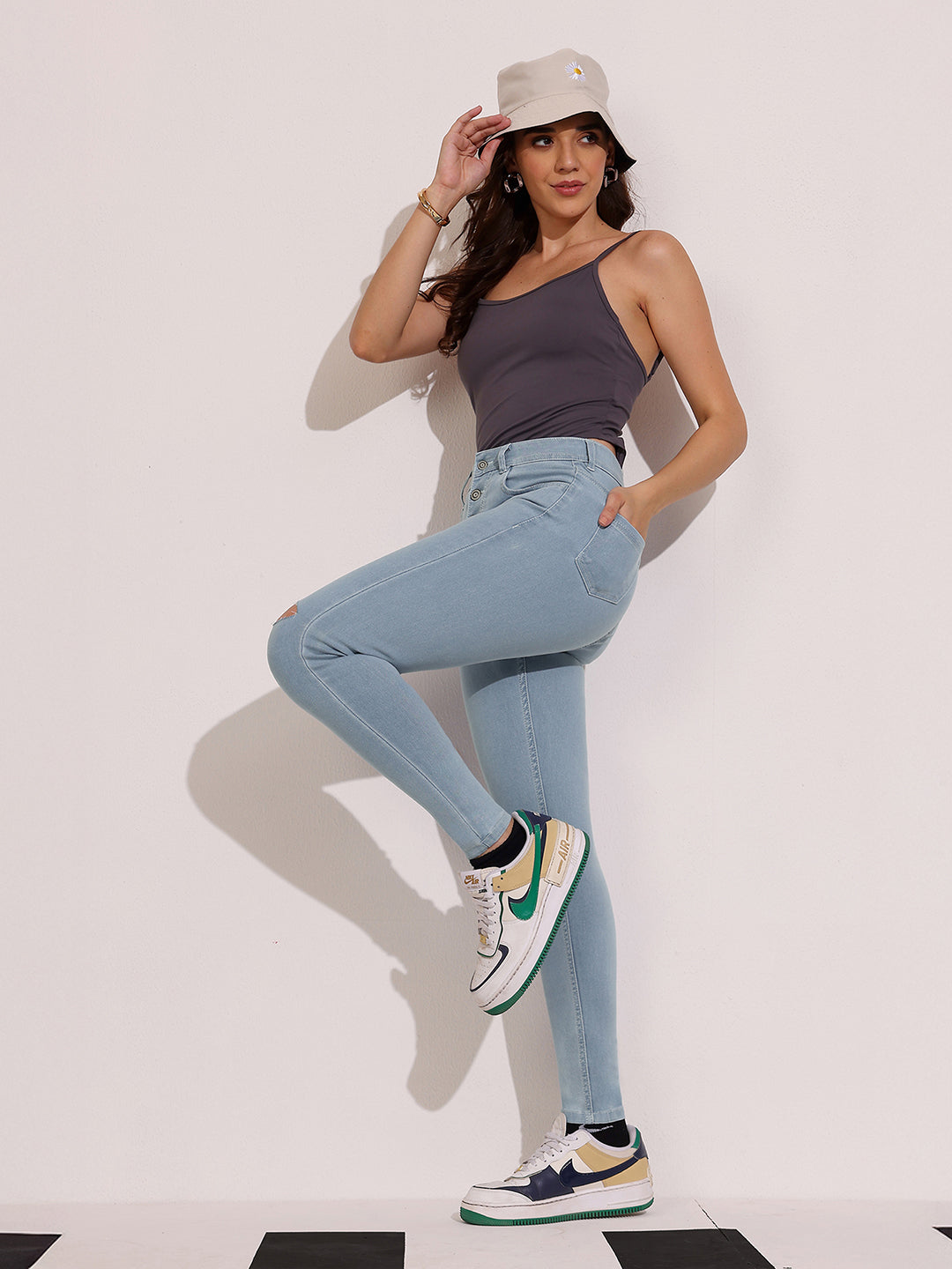 Women's Light Blue Skinny High-Rise Distressed Regular Denim Jeans