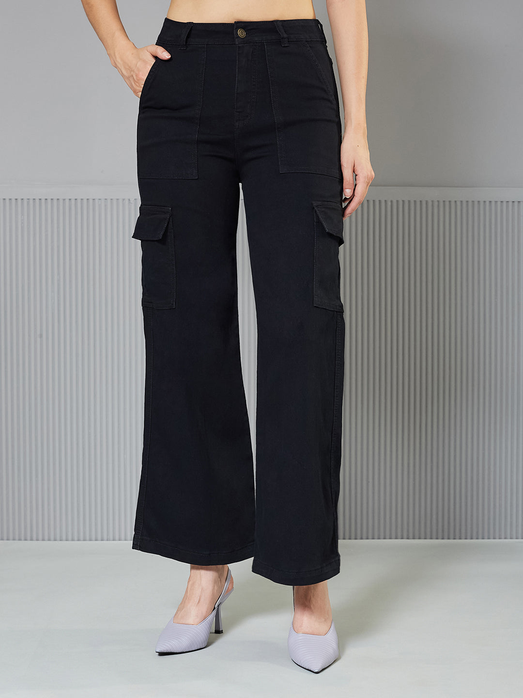 Black Wide-Leg High-Rise Regular Stretchable Denim Jeans for Women