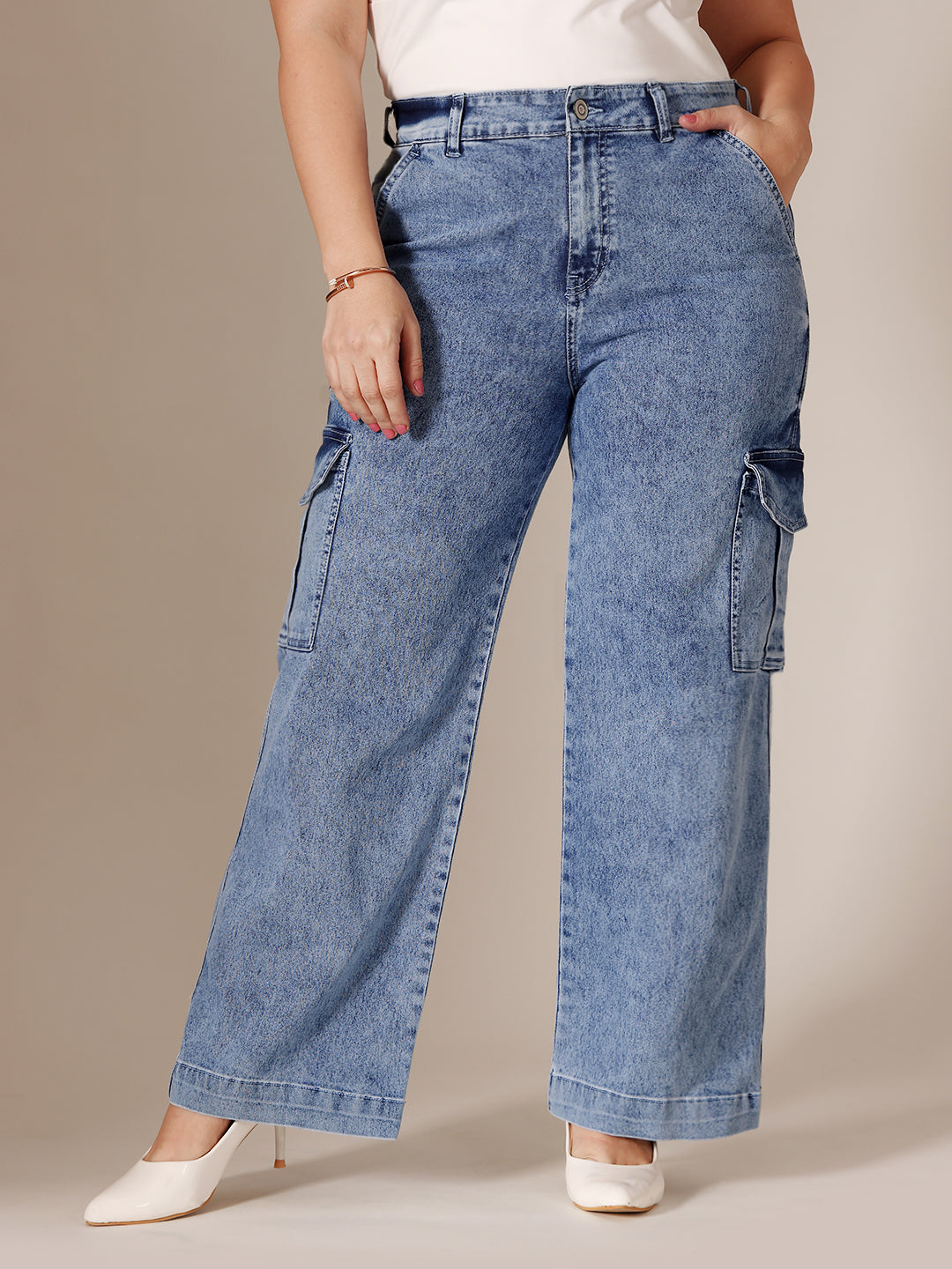 24/7 Comfort Mid Blue Wide-Leg High-Rise Clean-Look Regular-Length Stretchable Flared Cargo Style Denim Jeans for Women