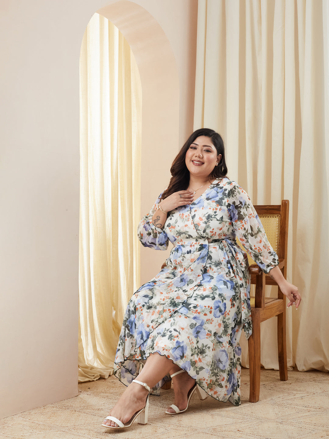 Multicolored-Base-Off White V-Neck Three-Quarter Sleeve Floral Wrap Chiffon Midi Dress for Women