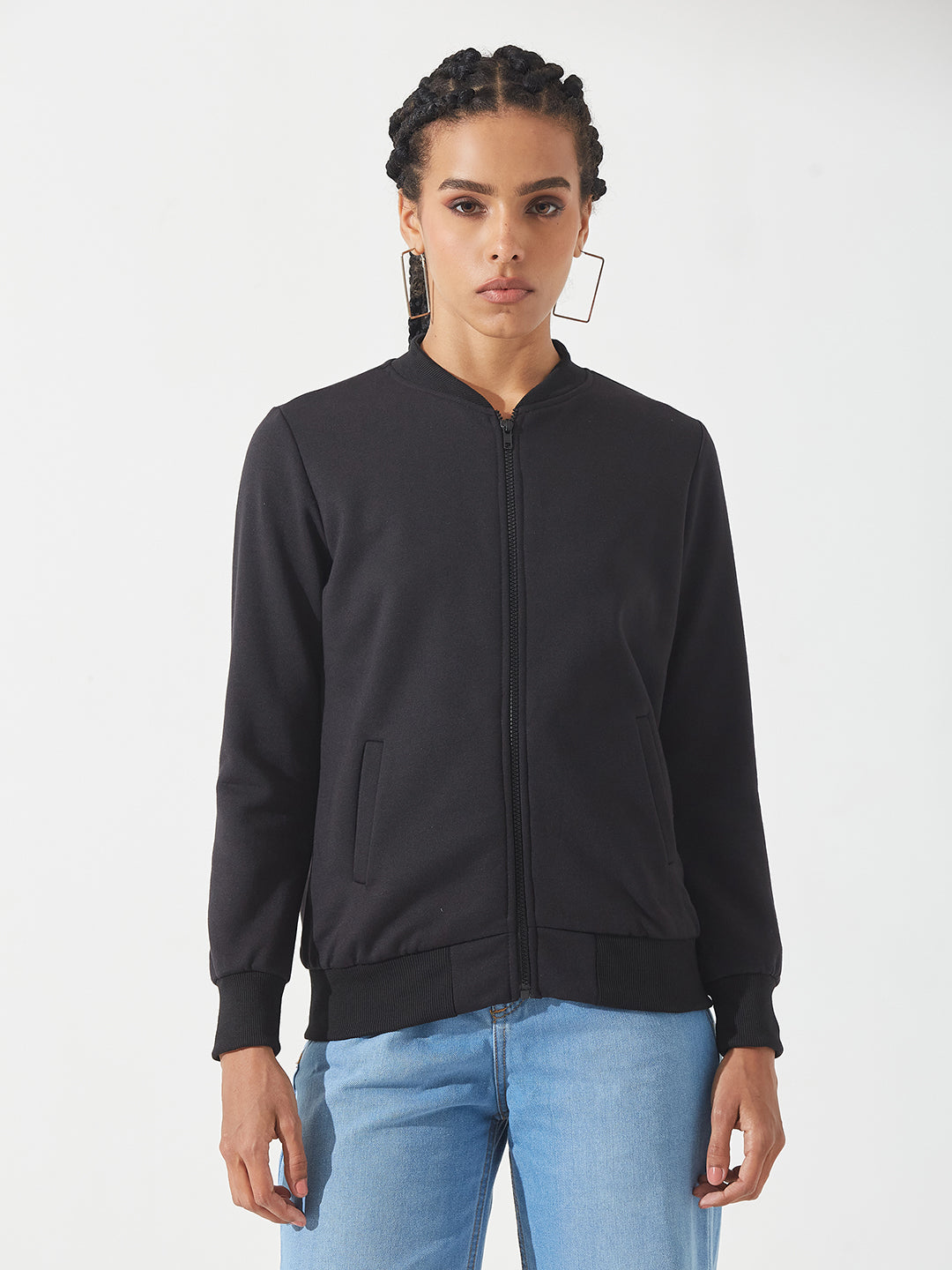 Black Collared Full-Sleeves Solid Bomber Ribbed Jacket for Women