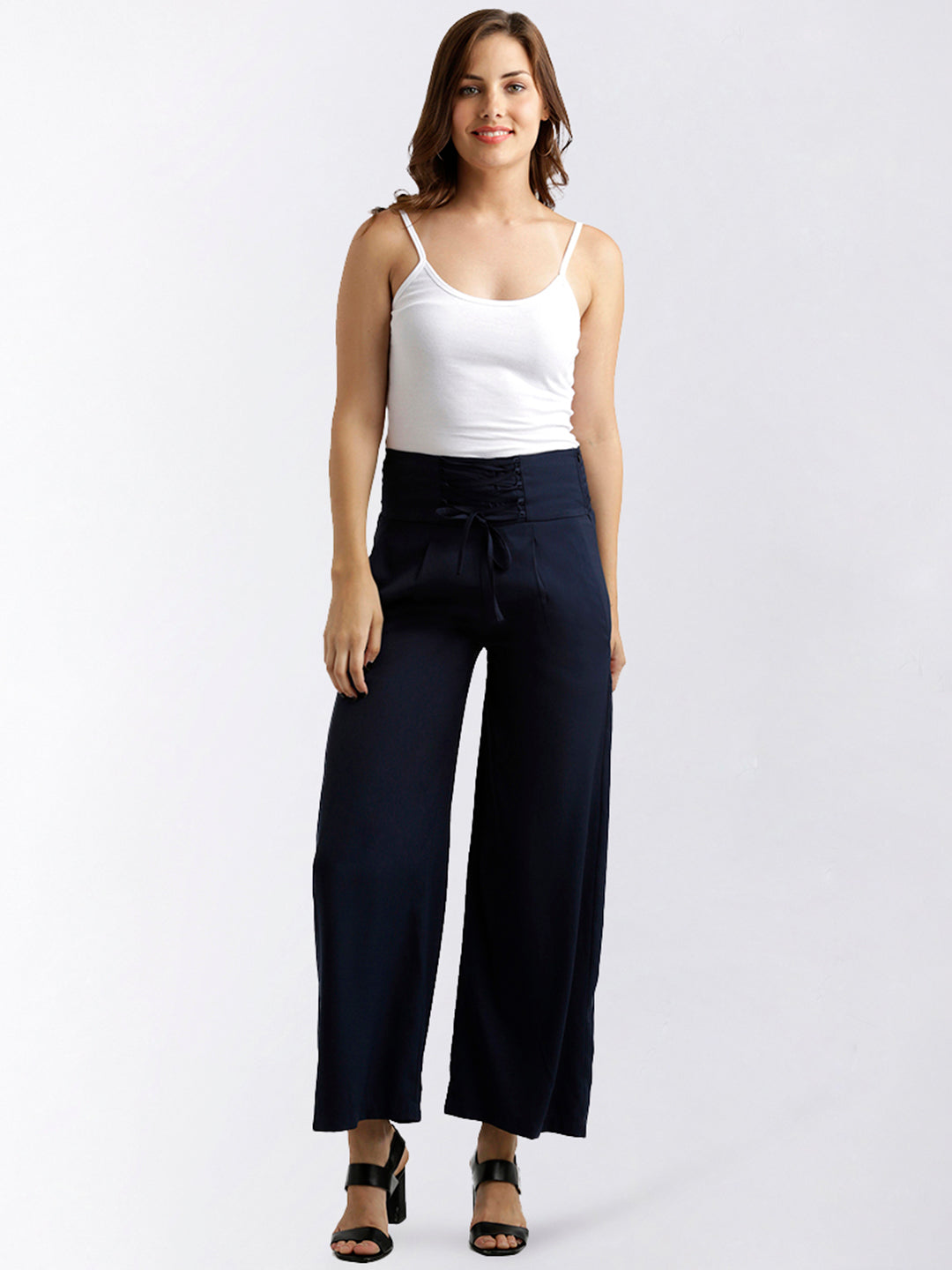 Women's Navy Blue Solid Straight Fit Criss Cross Detailing Waist Tie-Up Pant