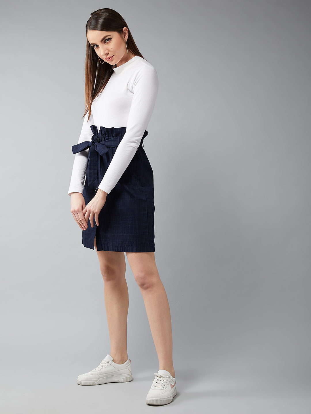 Women's Navy Blue Solid Paper Bag Mini Skirt