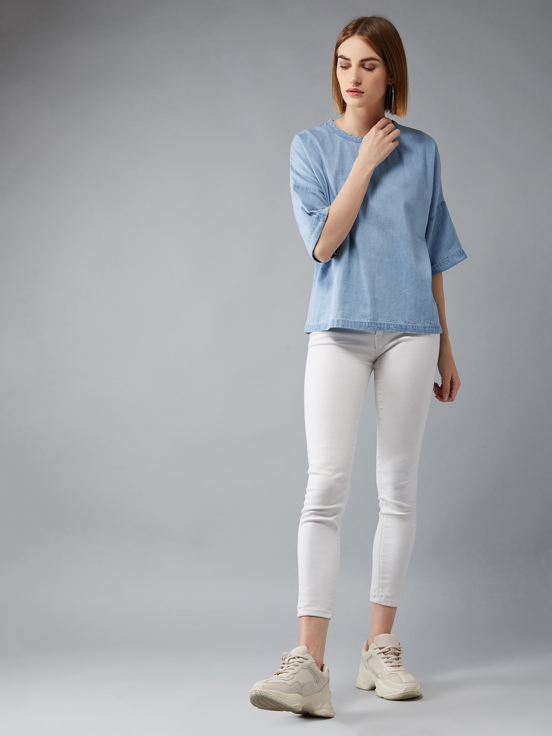 Women's Light Blue Round Neck Half Sleeves Solid Boxy Regular Top