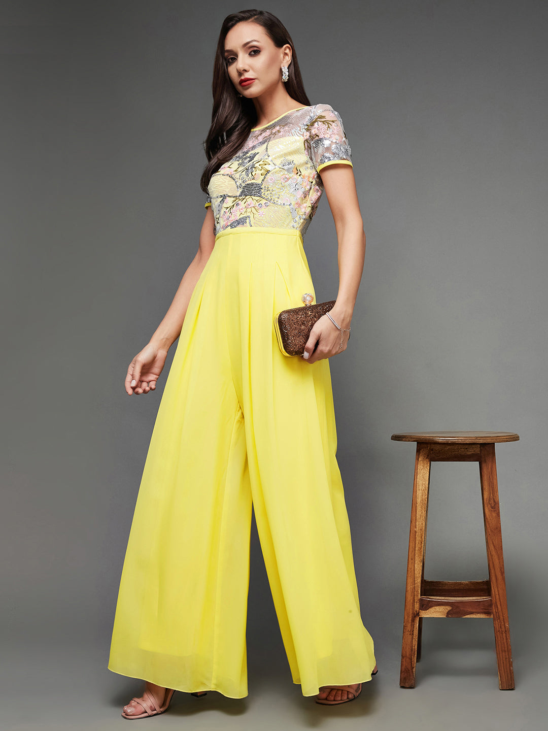 Women's Multicolored-Base-Yellow Round Neck Short Sleeve Floral Pleated Georgette Jumpsuit