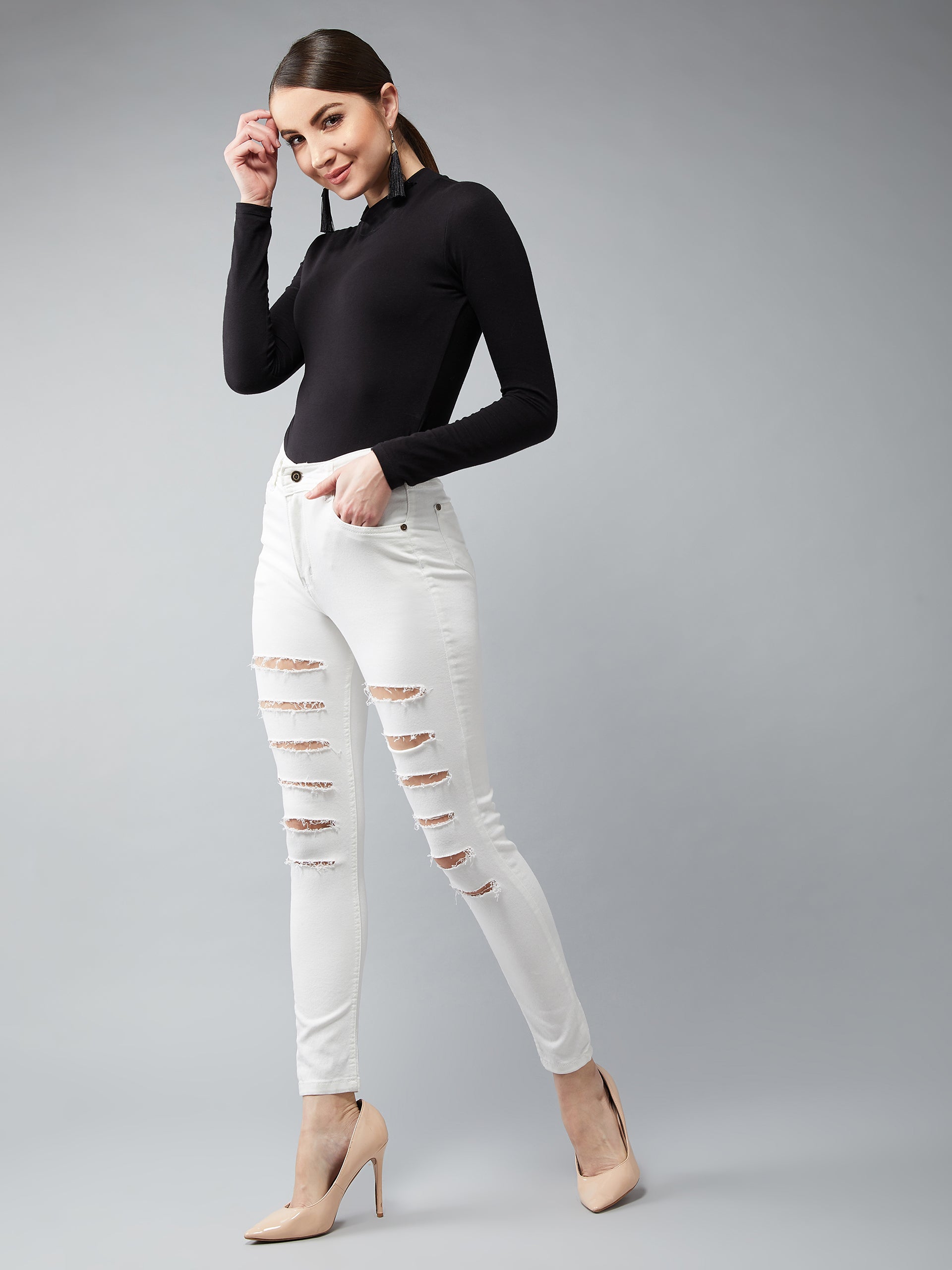 Women's White Skinny High Rise Ripped Regular length Stretchable Denim Jeans