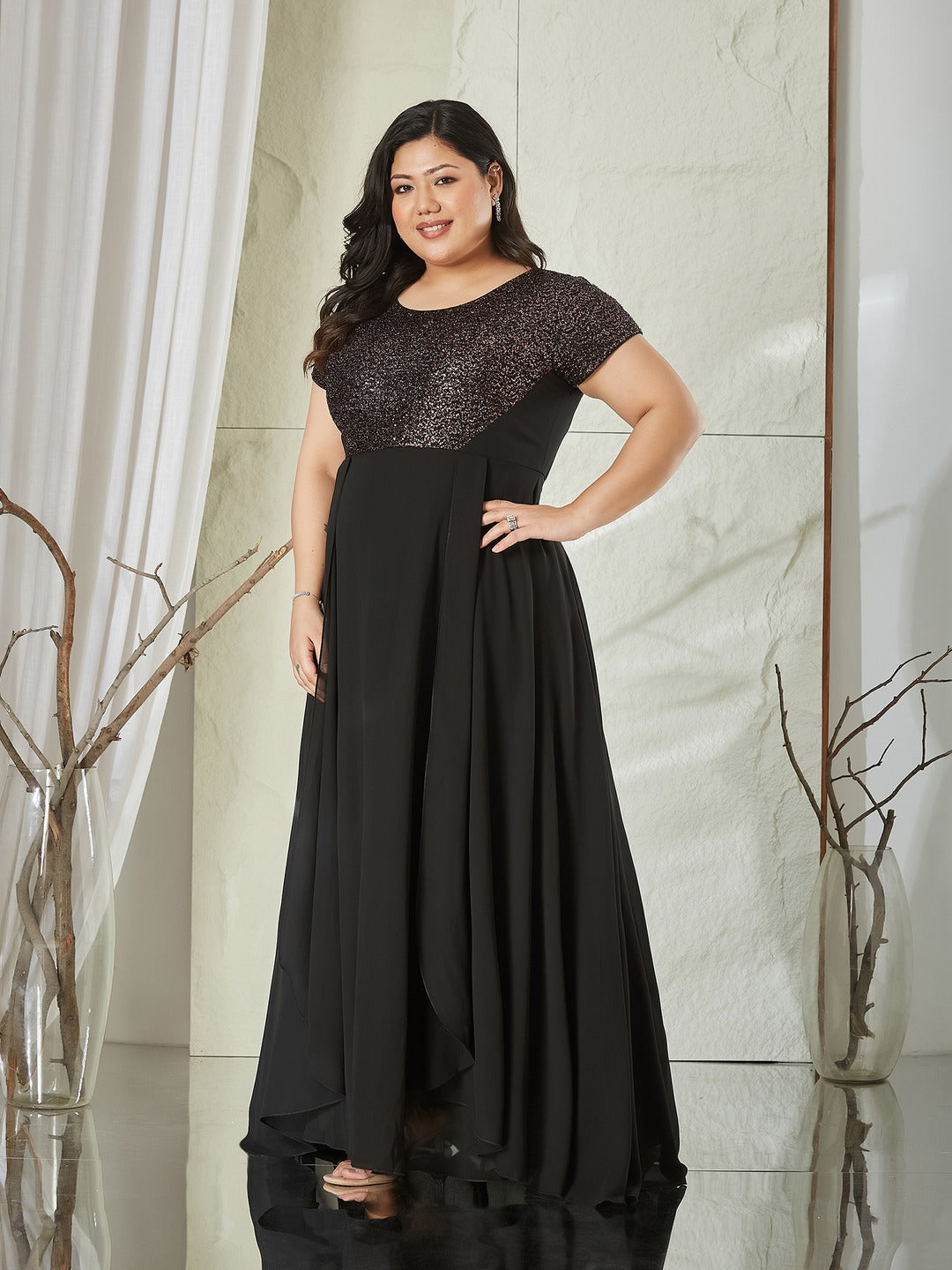 Black Round Neck Short Sleeve Embellished Fit & Flare Maxi Georgette Dress for Women