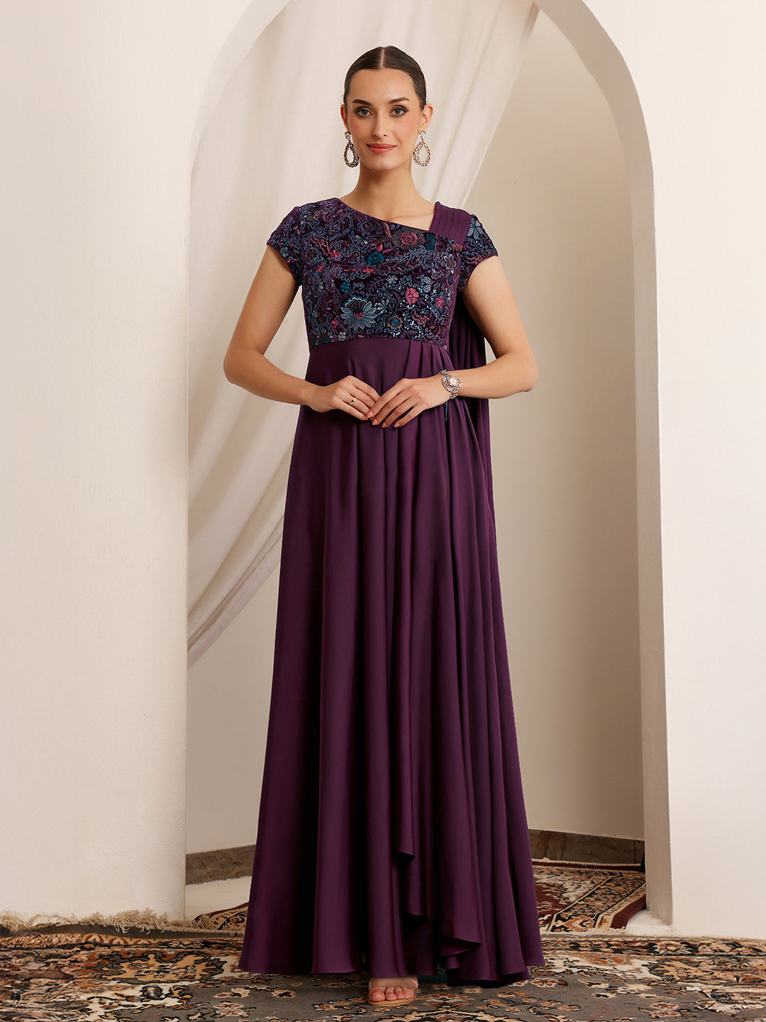 Women's Purple Asymmetric Short Sleeve Embroidered Draped Satin Maxi Dress