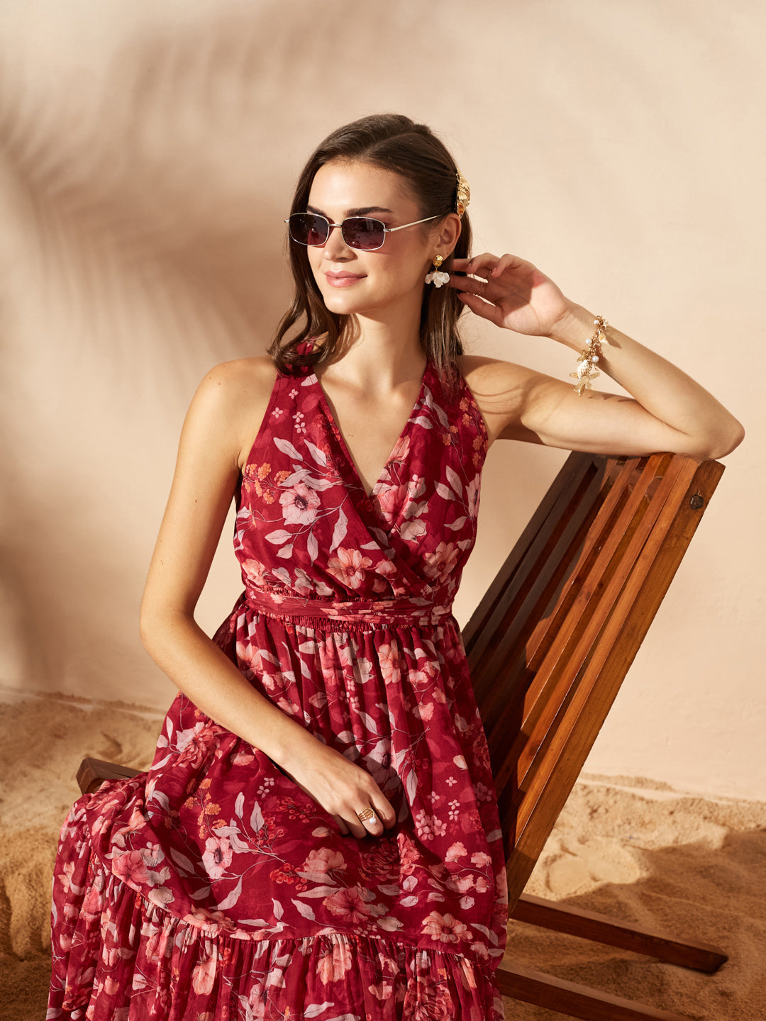 Maroon V-Neck Sleeveless Floral Criss Cross/ Layered/ Ruffled Maxi Chiffon Dress for Women — Miss Chase