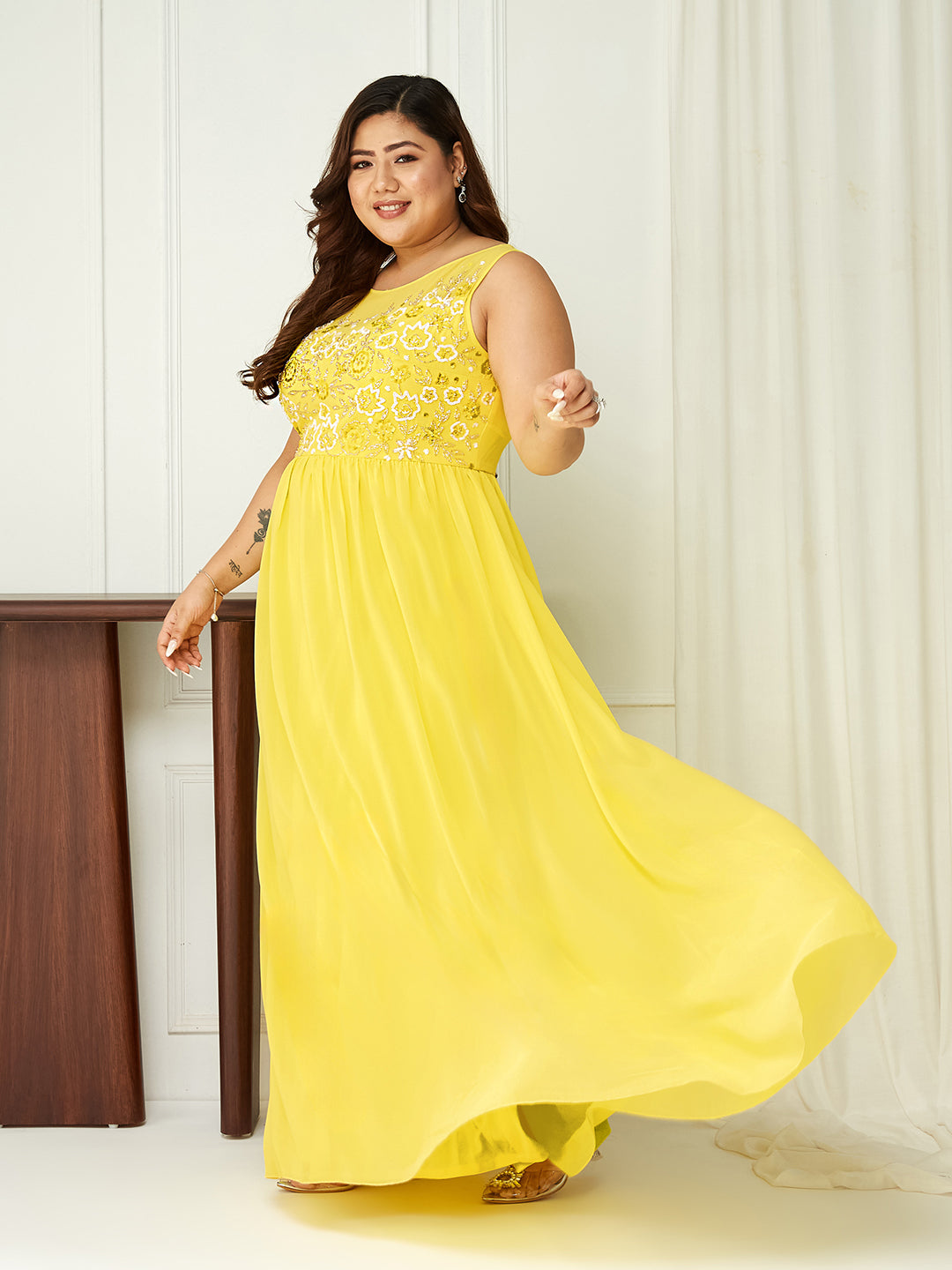 Women's Light Yellow Boat Neck Sleeveless Embroidered Georgette Gathered Maxi Dress