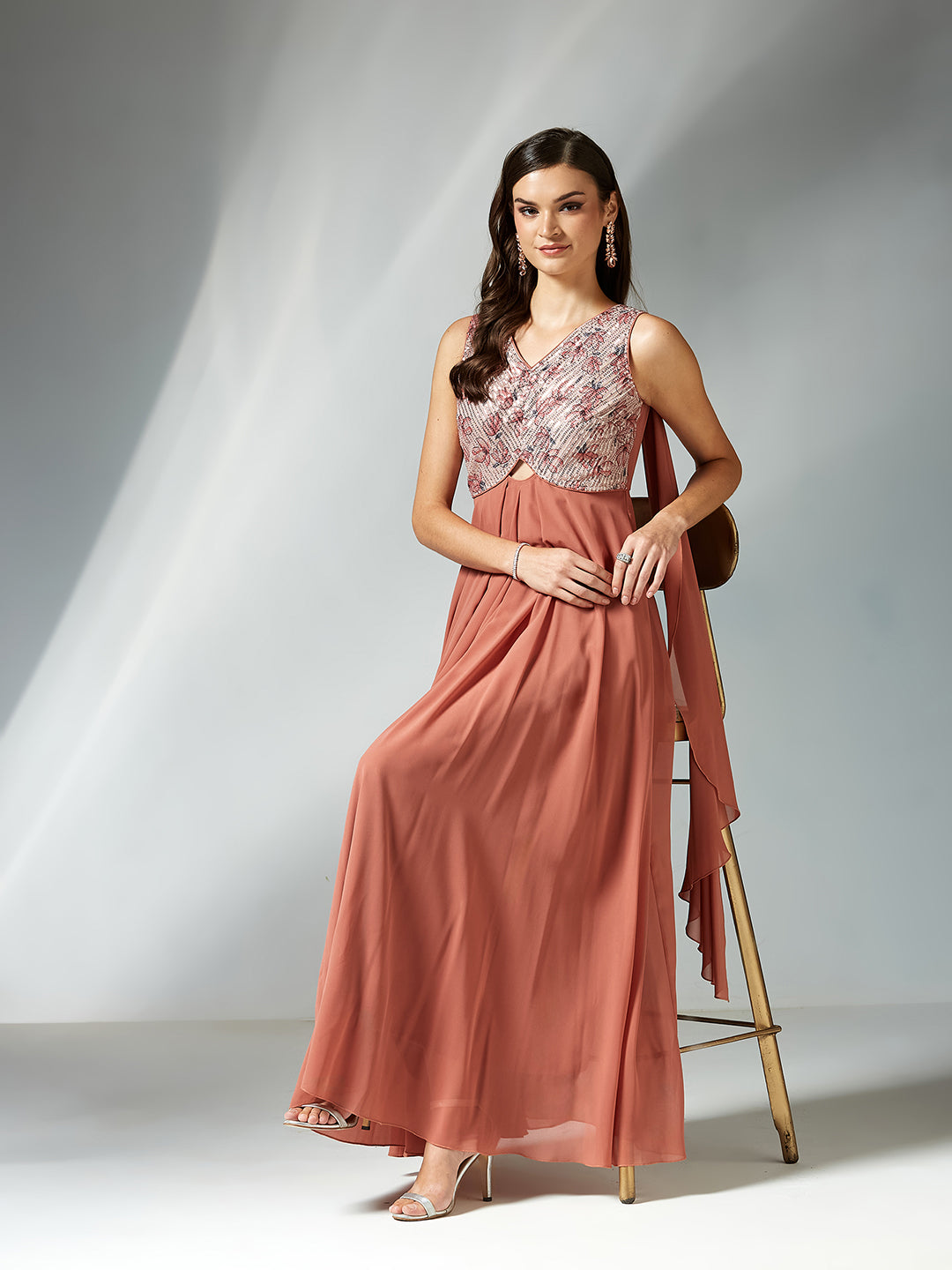 Peach V-Neck Sleeveless Floral Cut-Out Georgette Maxi Dress for Women