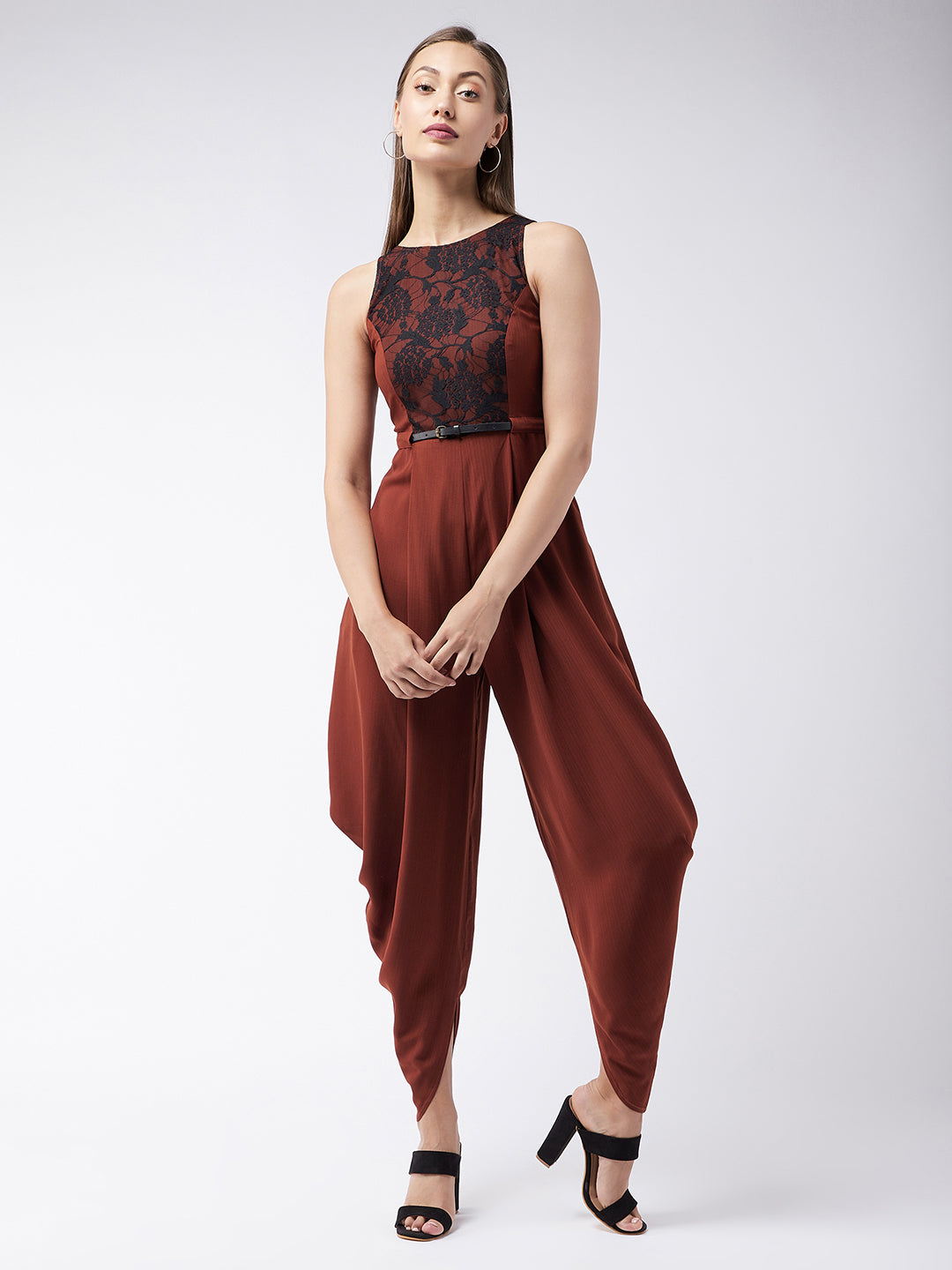 Women's Rust & Black Round neck Sleeveless Solid Draped Dhoti Regular Jumpsuit