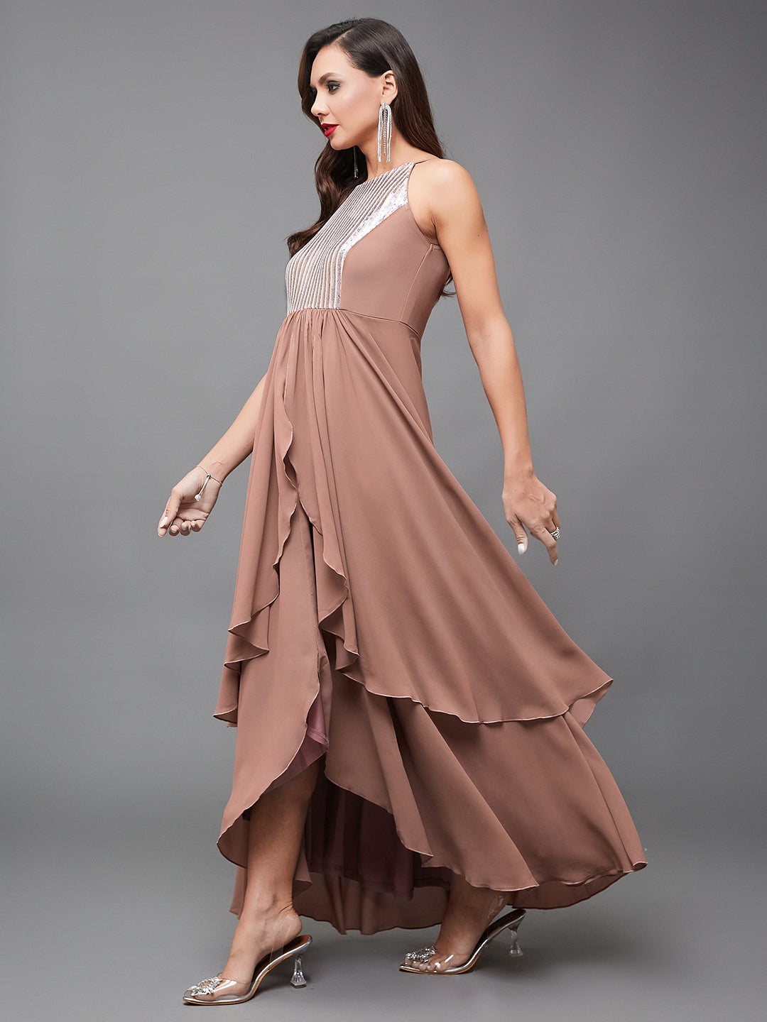 Women's Multicolored-Base-Dusty Peach Halter Neck Sleeveless Embellished Layered Georgette Maxi Dress