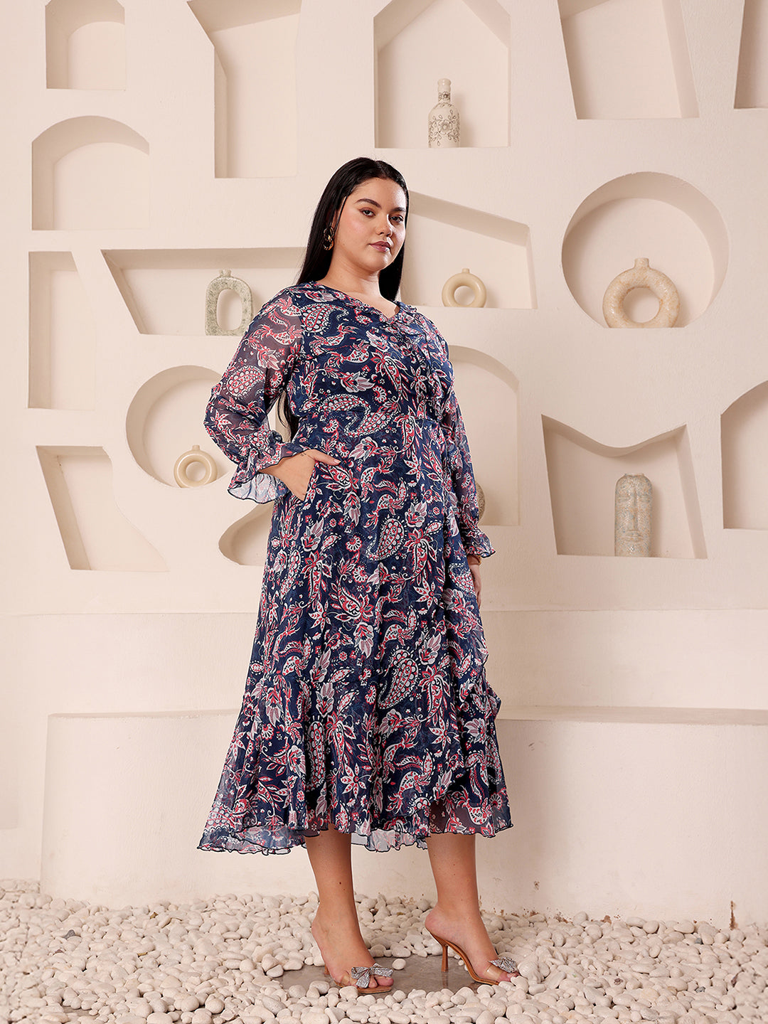 Women's Multicolored-Base-Navy Blue V-Neck Full Sleeves  Relaxed-Fit Midi Length Dress