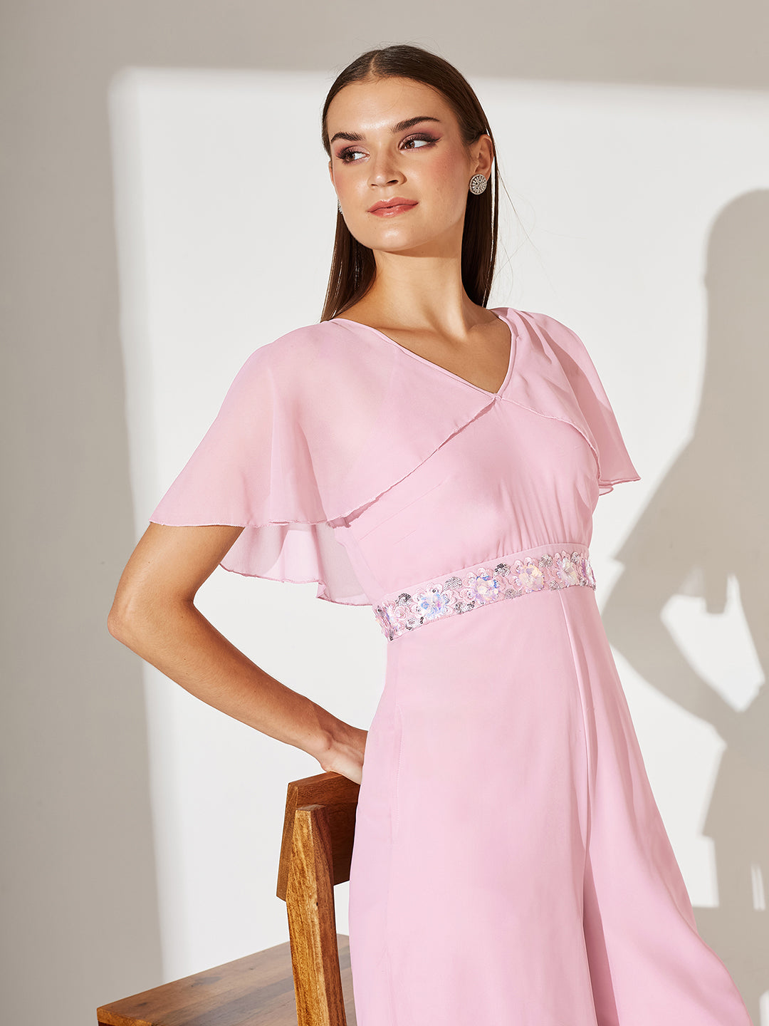 Women's Light Pink Georgette V-Neck Cape Solid Layered Regular Jumpsuit