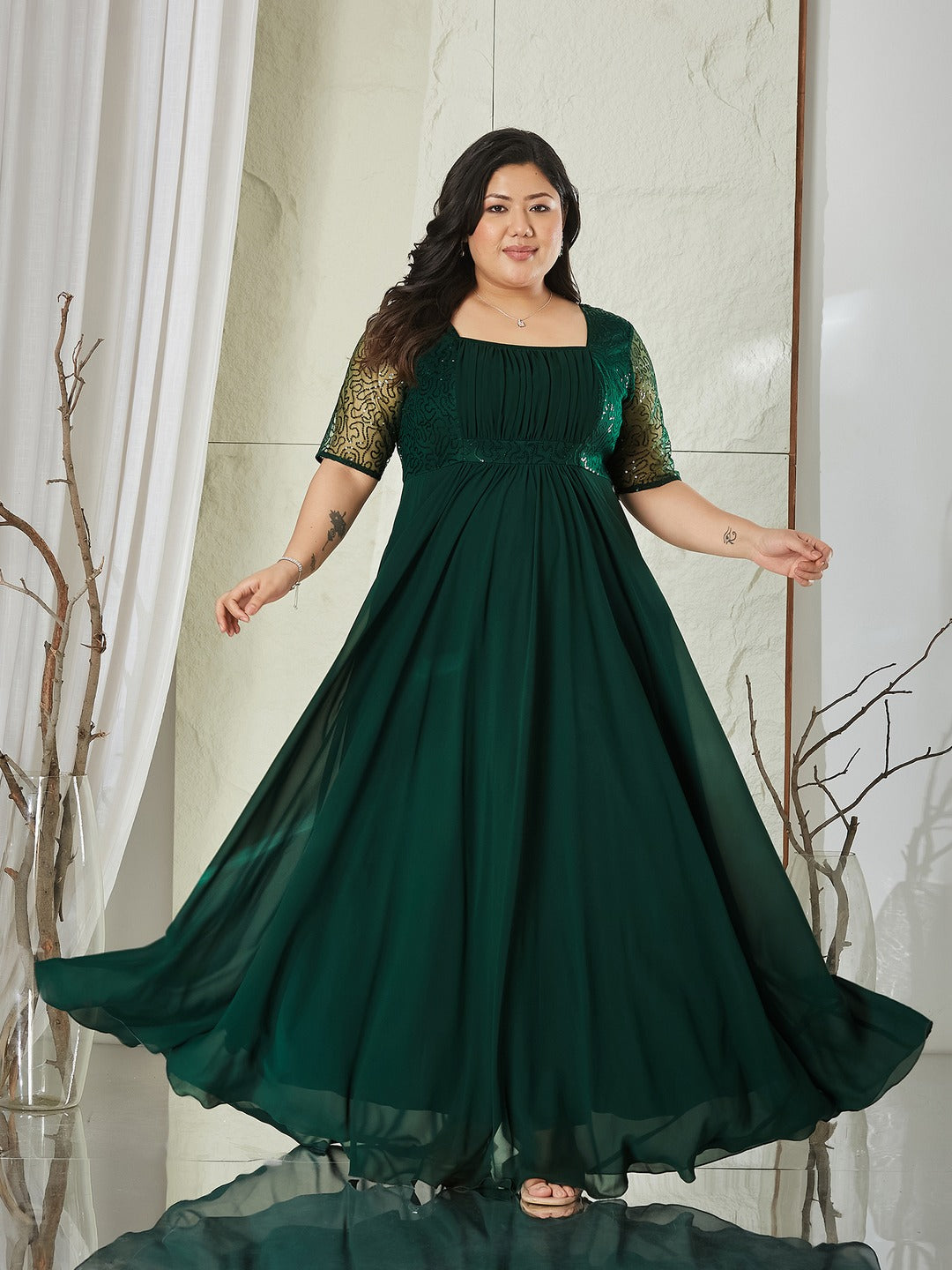 Dark Green Square Neck Half Sleeve Solid Embellished Maxi Dress for Women