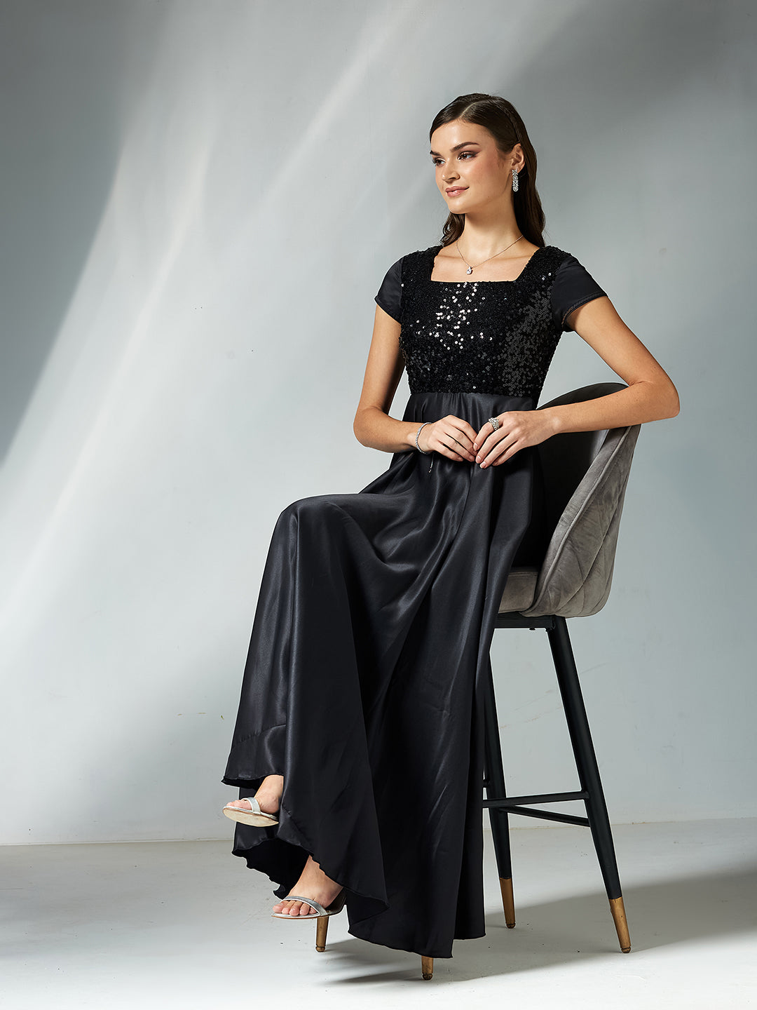 Women's Black Square Neck Short Sleeve Embellished Polyester Fit & Flare Maxi Dress