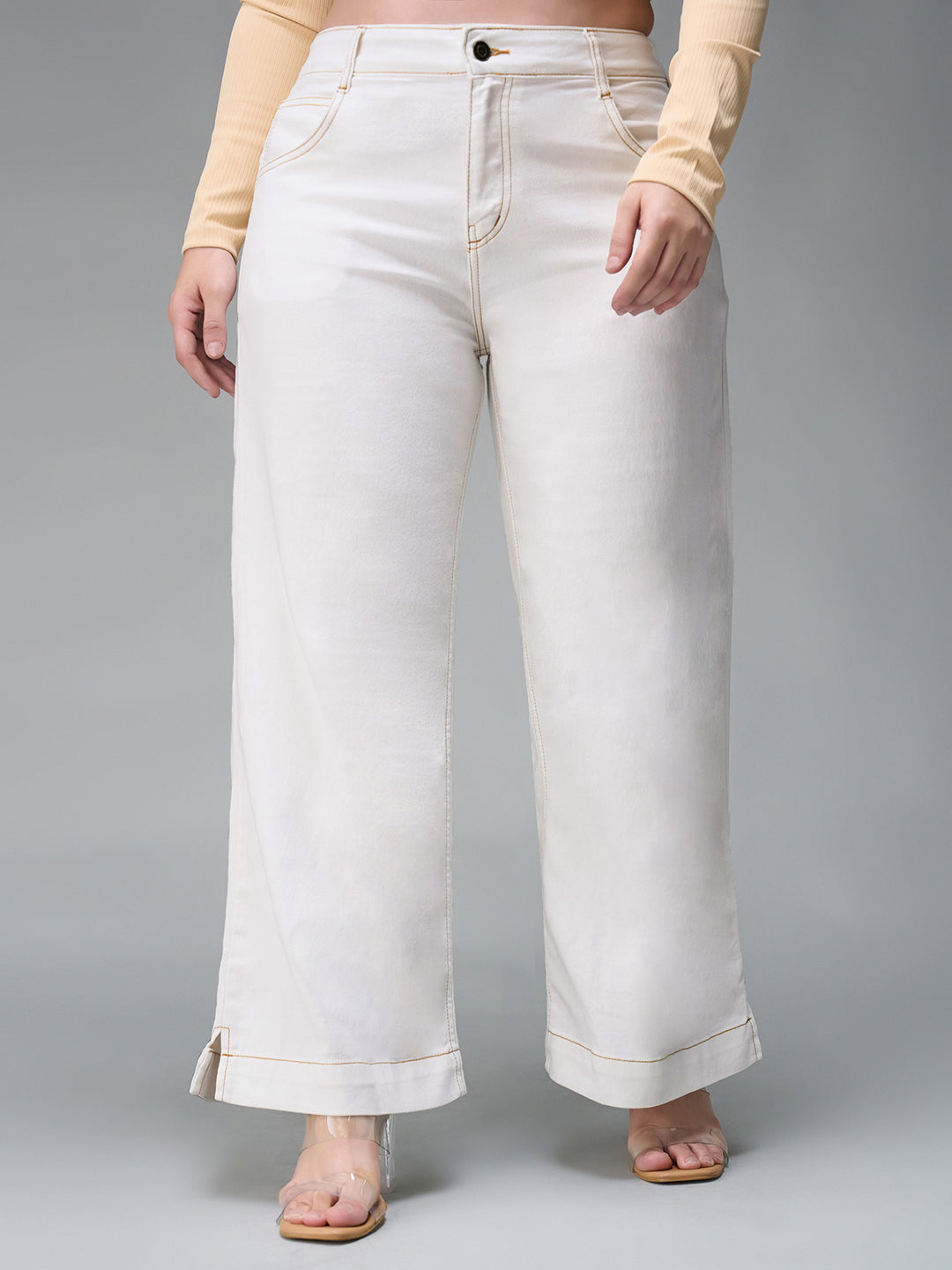 Women's White Flared Mid Rise Ankle length Stretchable Denim Jeans