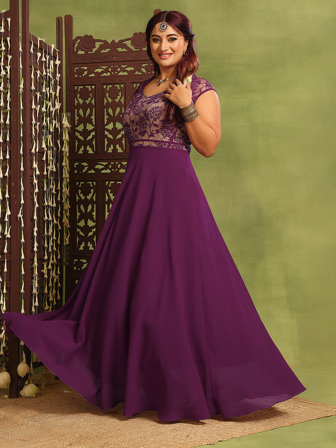 Women's Dark Purple Sweet-Heart Neck Cap-Sleeve Floral Fit & Flare Georgette Maxi Dress