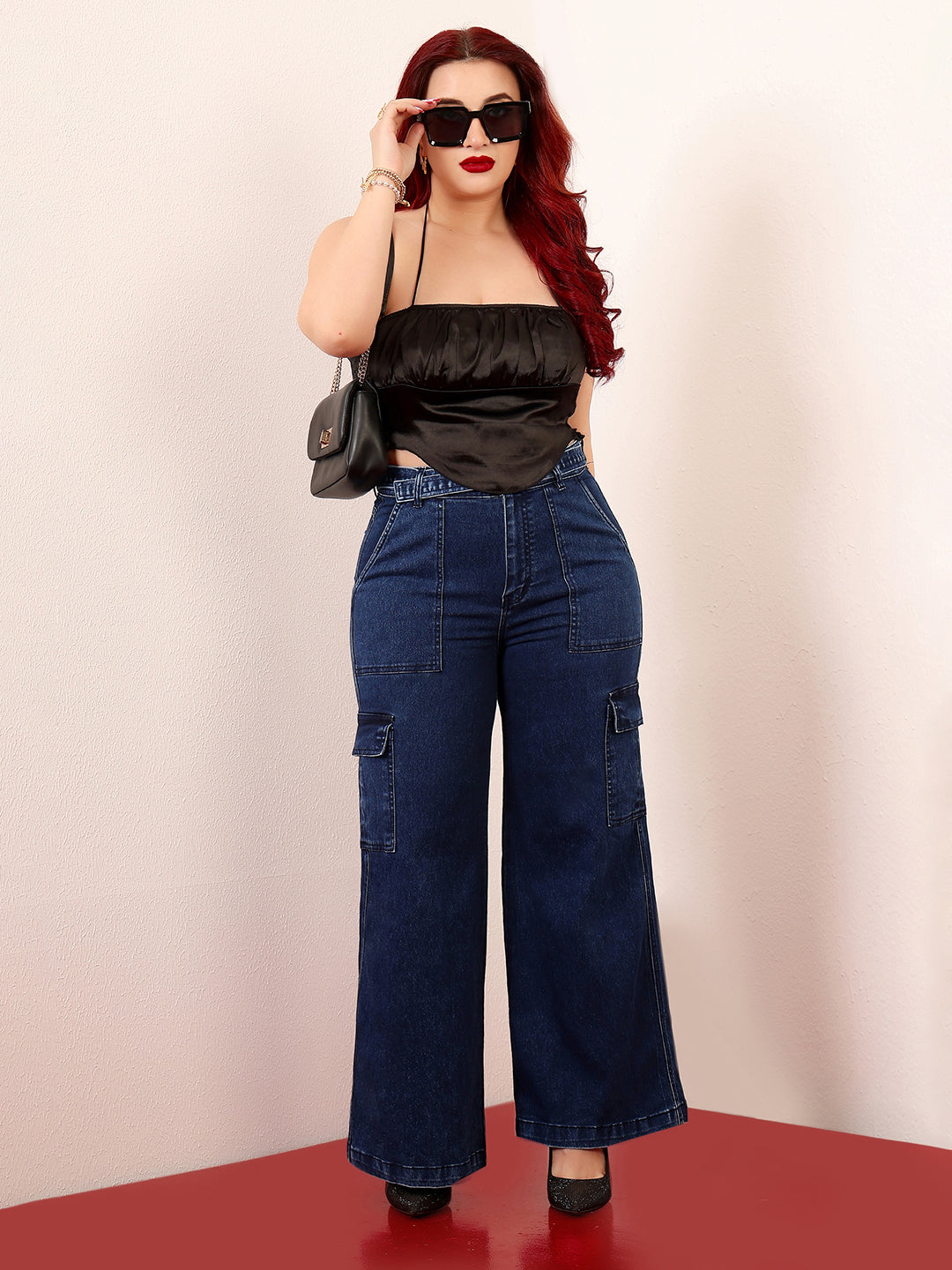 Women's Blue Wide-Leg High-Rise Clean-Look Stretchable Cargo Denim Jeans