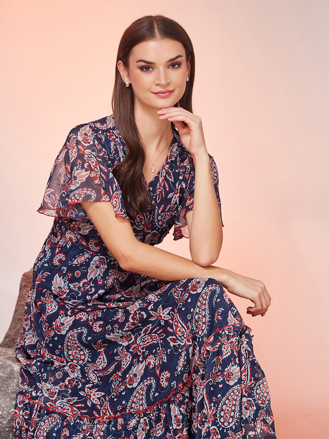 Navy Blue Floral Printed Flutter Sleeves Maxi Dress for Women