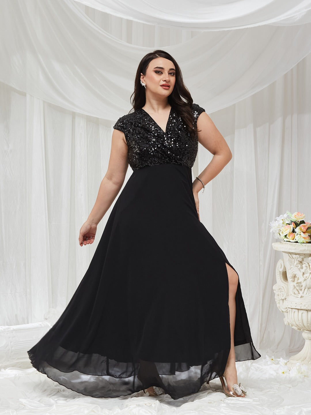 Black V-Neck Cap Sleeved Solid Wrap Maxi Dress for Women