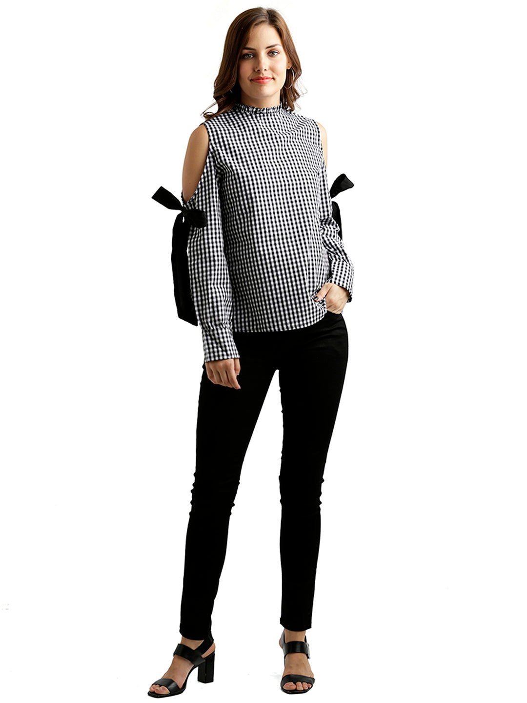 Women's Black And White Ruffled Round Neck Tie-Up Full Sleeve Cotton Checkered Frilled Cold Shoulder Top