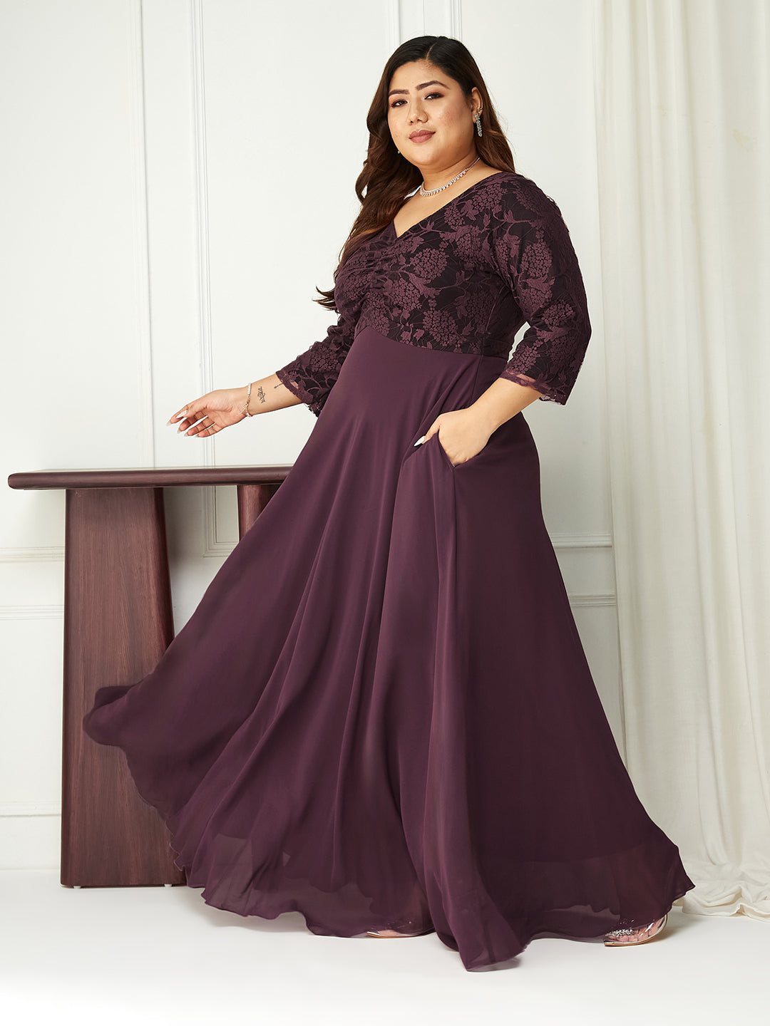 Women's Mauve V-Neck Raglan-Sleeve Self-Designed Empire-Styled Georgette Maxi Dress