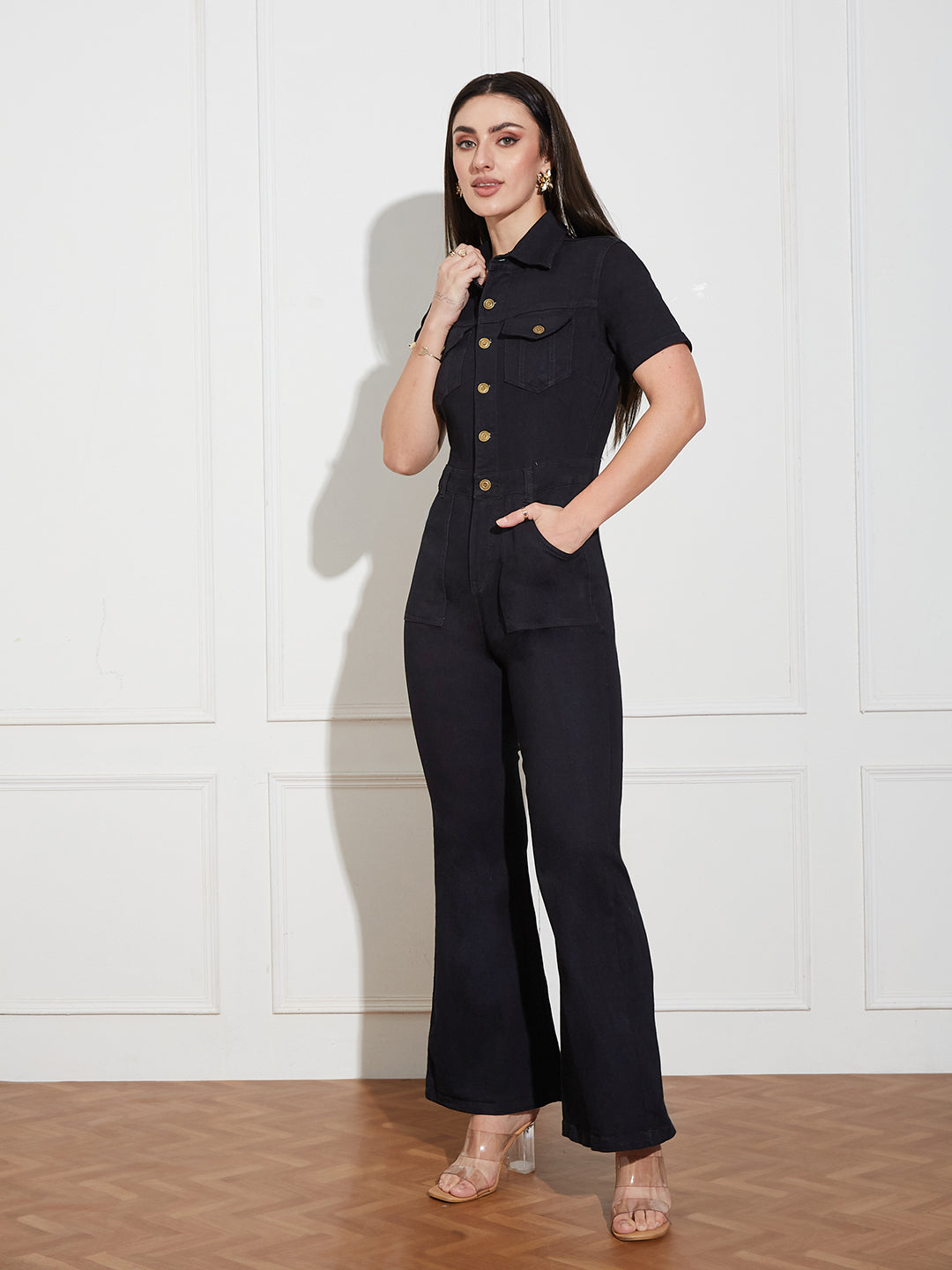 Women's Black Flared High Rise Regular Stretchable Denim Jumpsuit