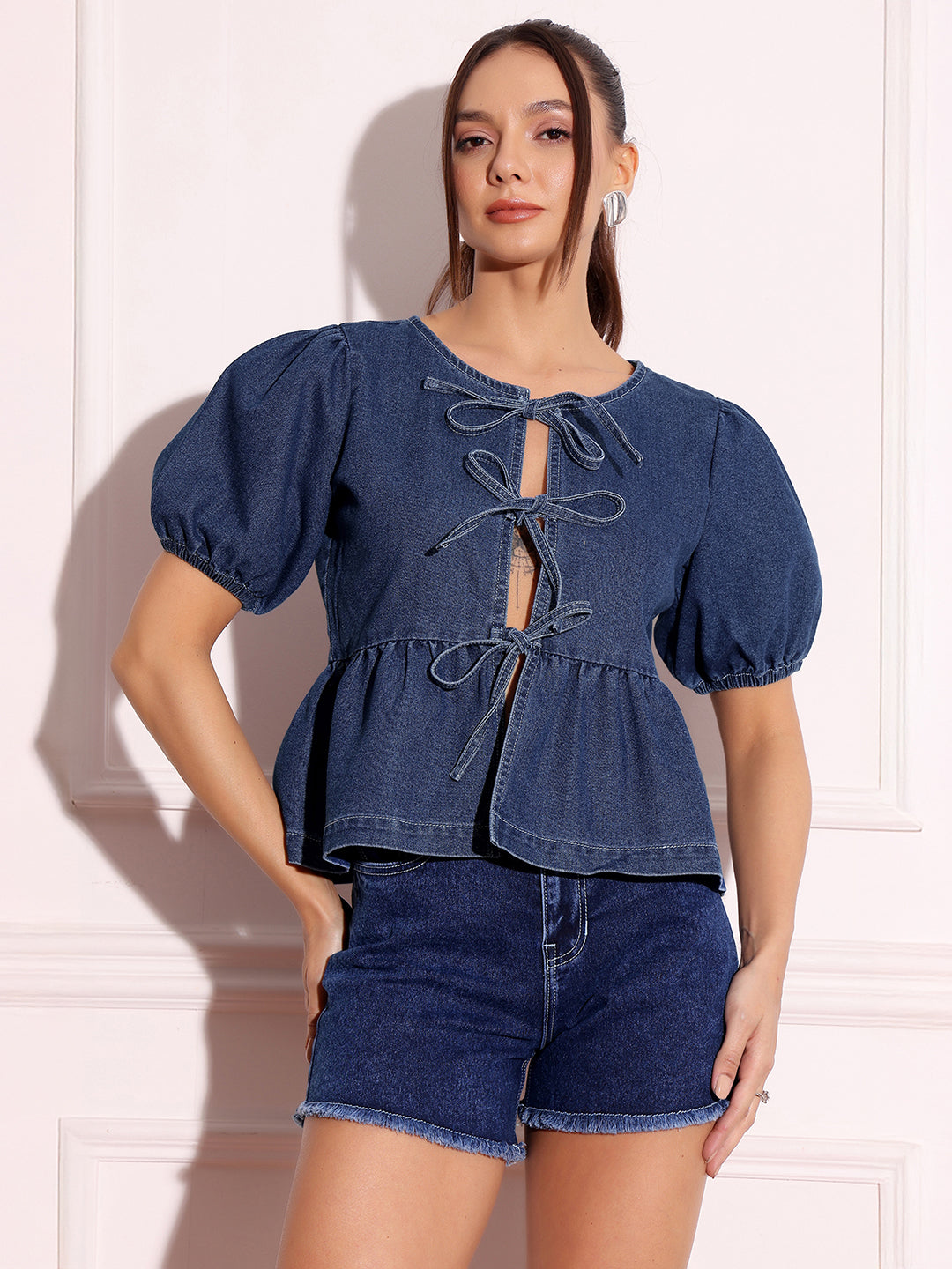 Puff-Sleeves Tie-Up Blue Denim Peplum Top for Women