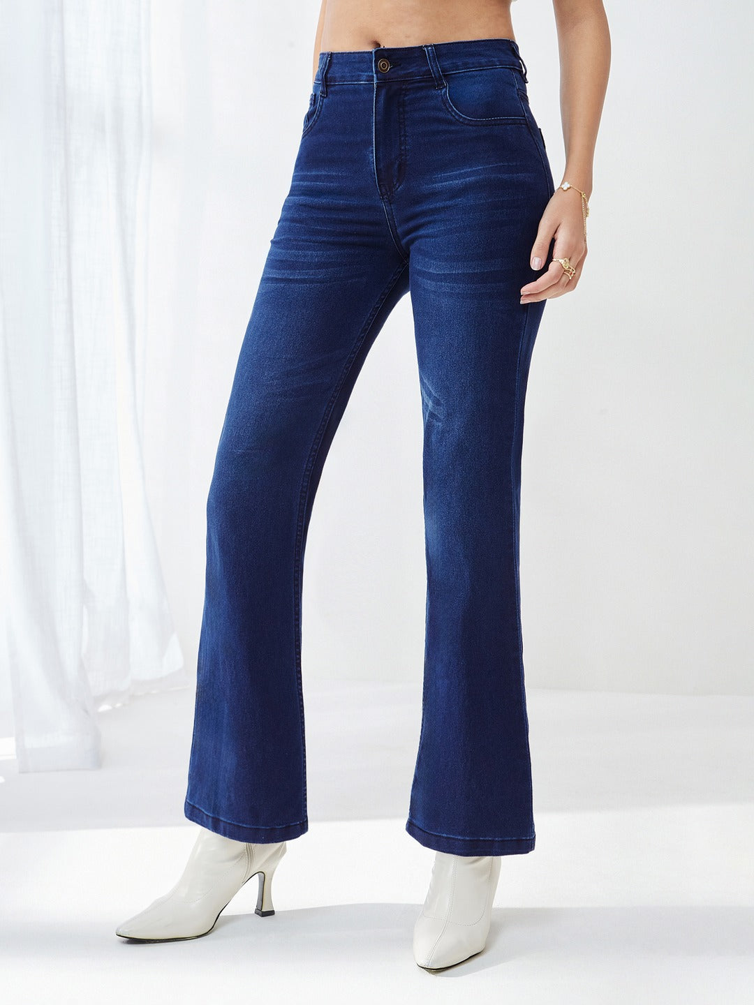 Navy blue Wide leg Mid rise Stretchable Denim Jeans for Women