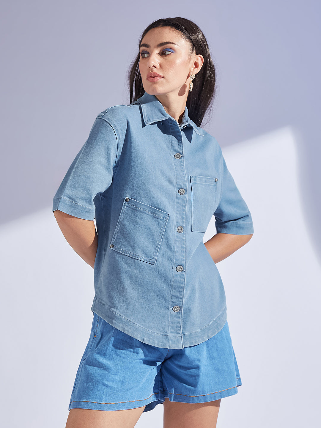 Women's Light Blue Shirt Collar Half Sleeve Asymmetrical Panelled Regular-Length Denim Shirt