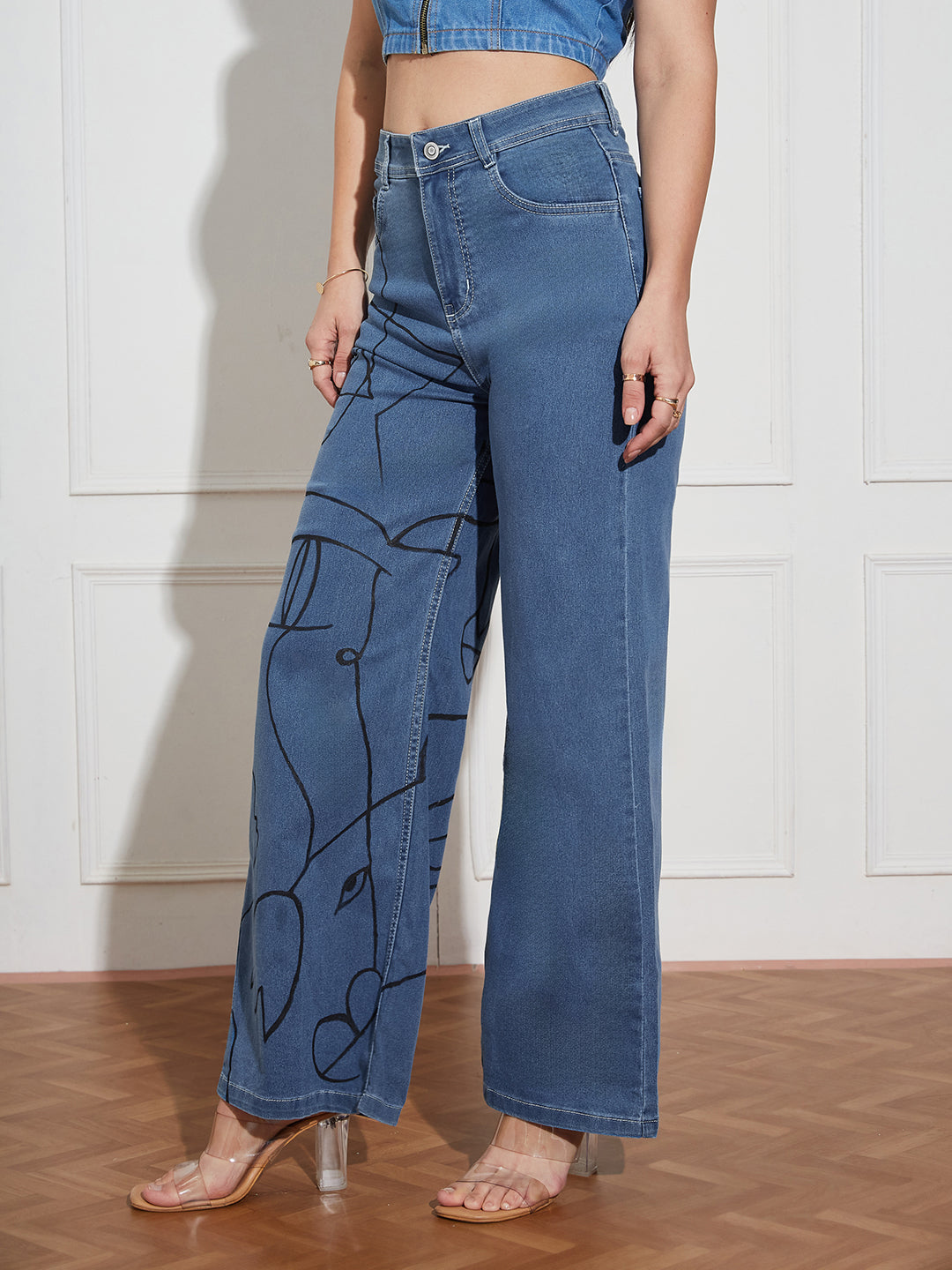 Women's Blue Wide Leg High Rise Hand Painted Clean Look Stretchable Denim Jeans