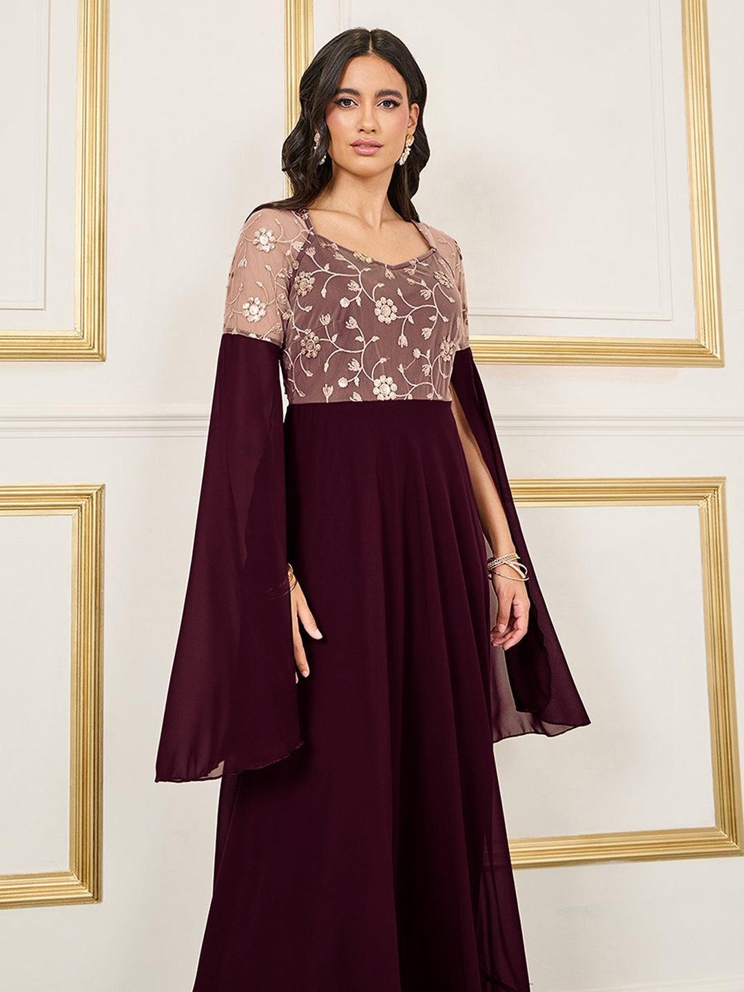 Women's Wine V-Neck Flared Long-Sleeves Embroidered Fit & Flare Maxi Dress