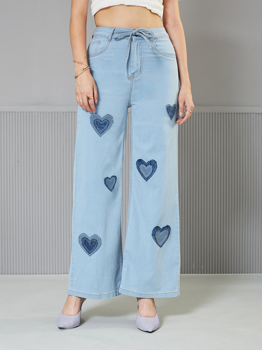 Light Blue Heart Applique Wide-Leg High-Rise Stretchable Denim Jeans for Women