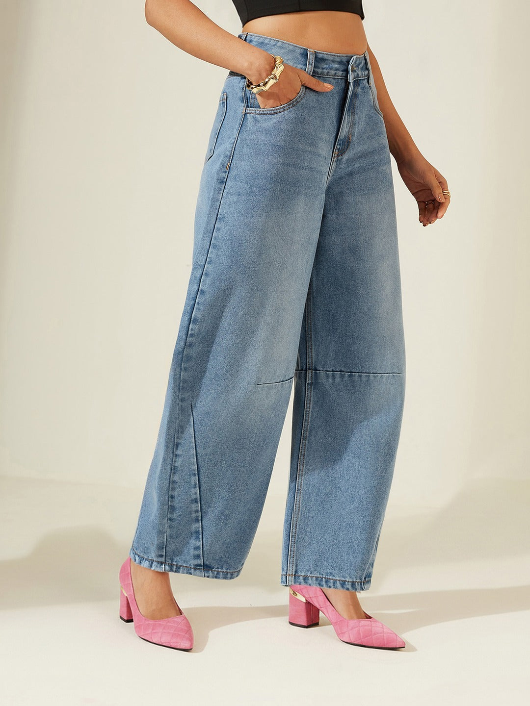 Mid Blue High Rise Barrel Fit Denim Jeans with Whiskering & Knee Dart Detailing for Women