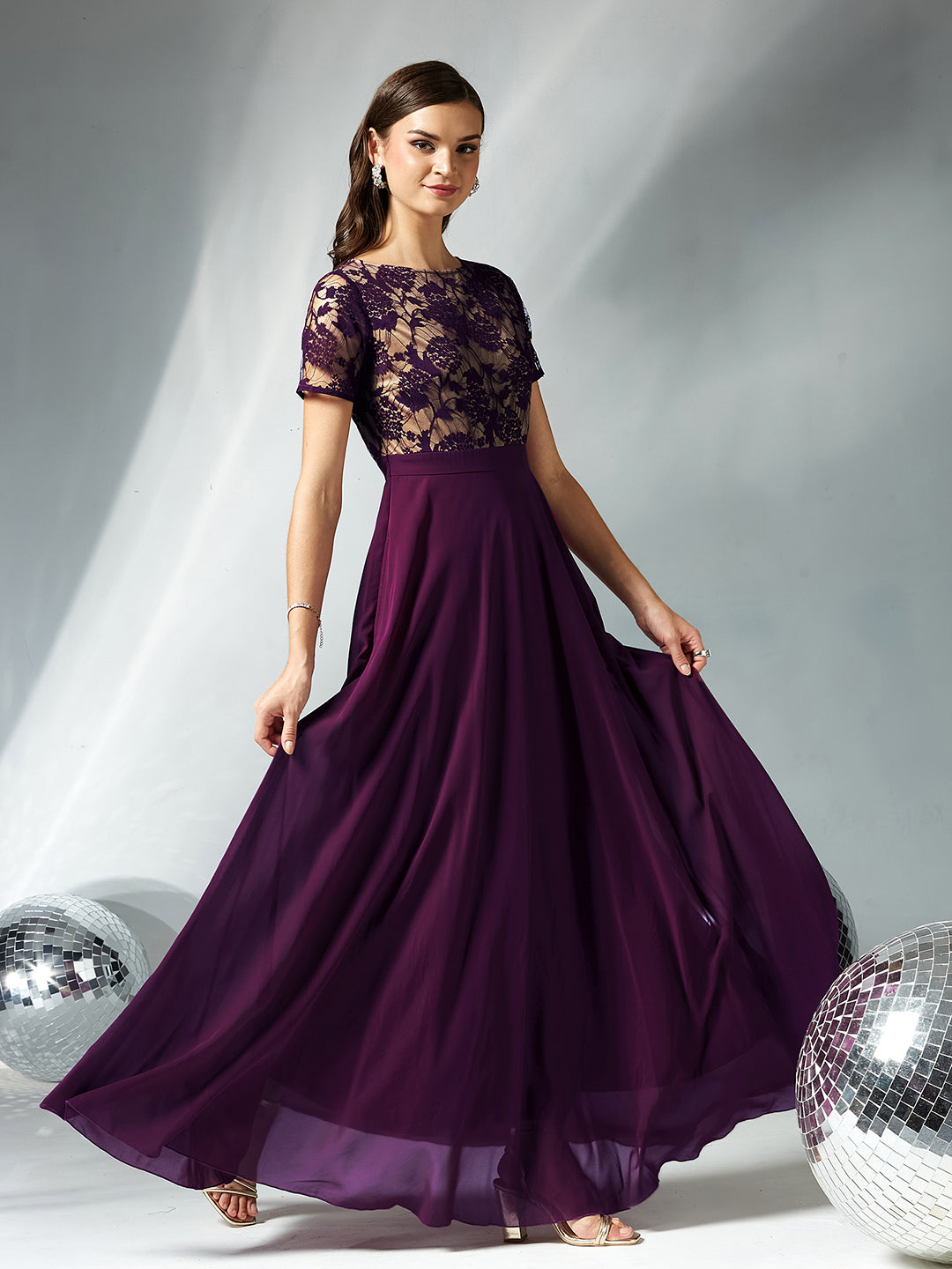 Women's Dark Purple Round Neck Half Sleeve Self Design Fit & Flare Georgette Maxi Dress