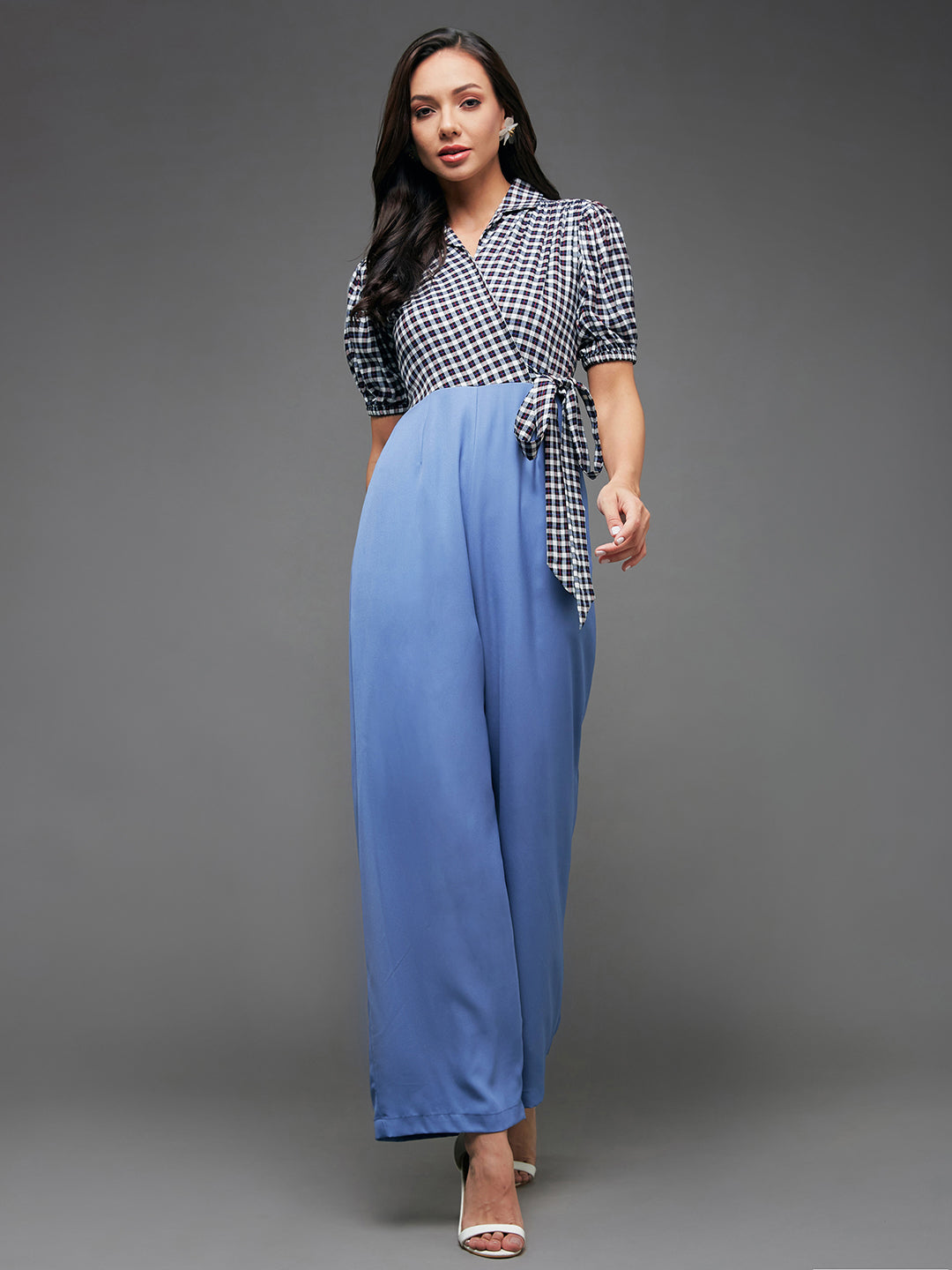 Women's Multicolored-Base-Powder Blue Notched Collared Puff Sleeve Checkered Wrap Regular Crepe Jumpsuit