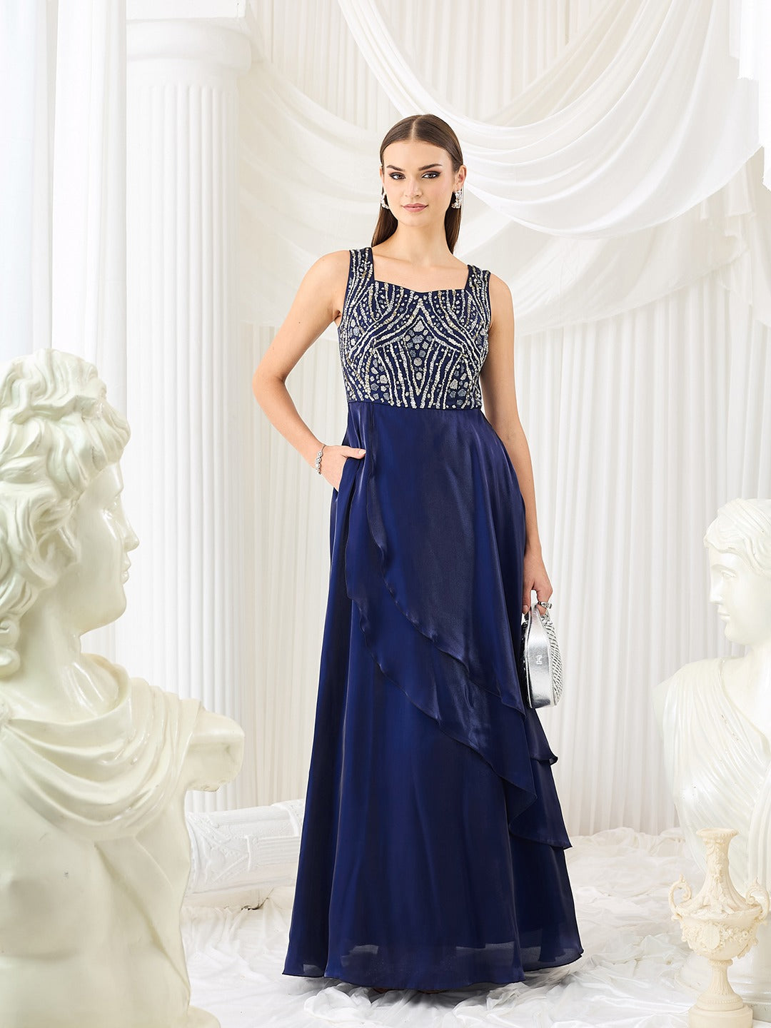 Sleeveless Navy Blue Gown in Embroidered Layered Premium Satin for Women