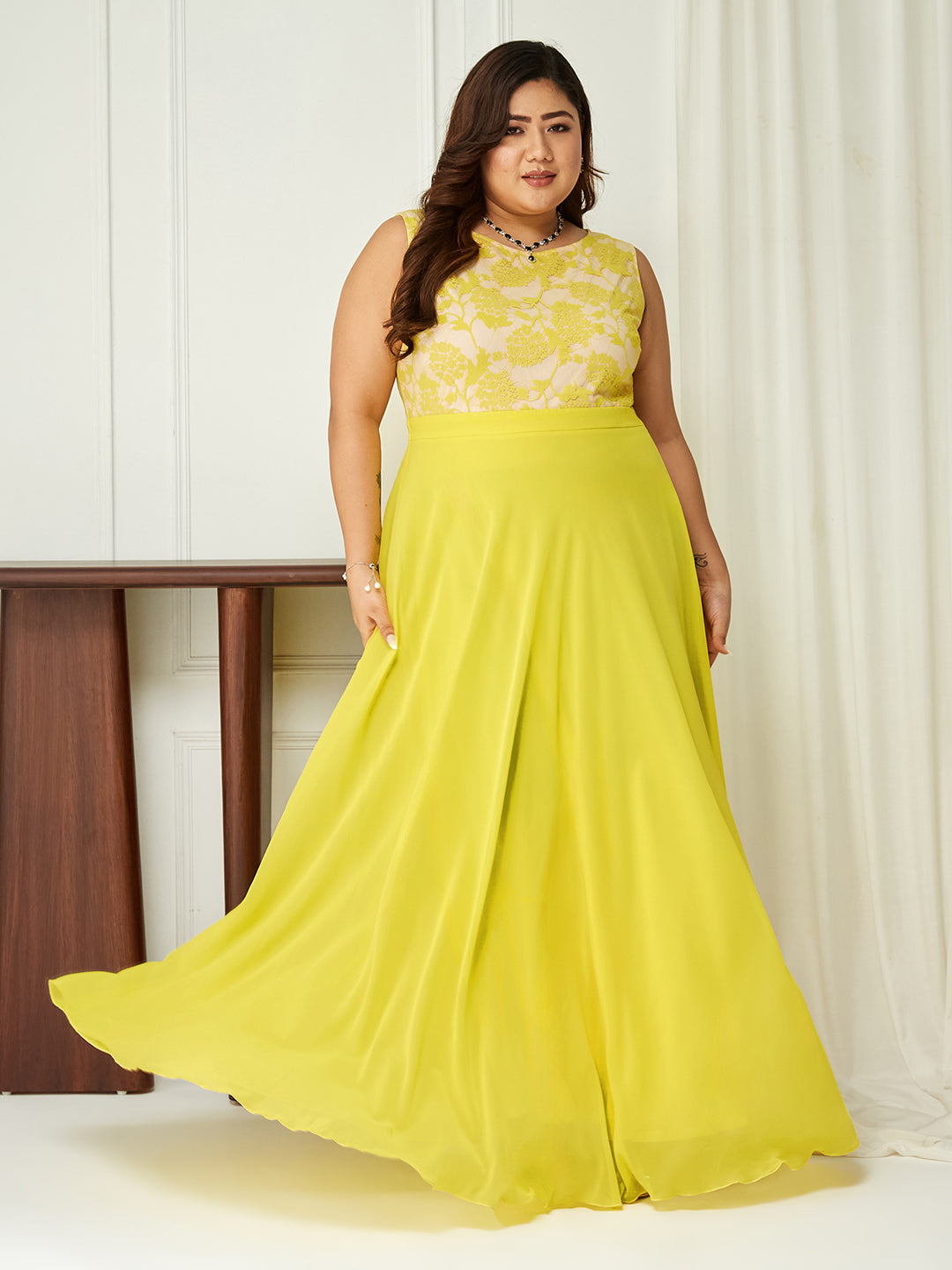 Women's Light Yellow Round Neck Sleeveless Georgette Lace Floral Fit & Flare Maxi Dress