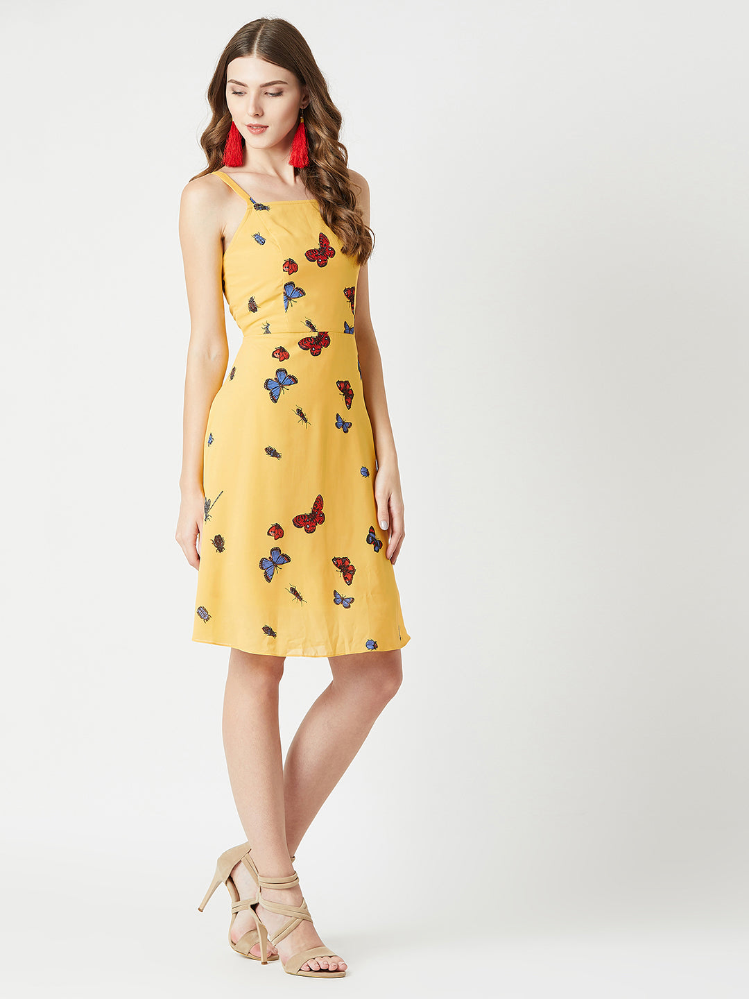 Women's Multicolored Base Yellow Square Neck Sleeveless Printed Skater Mini Dress