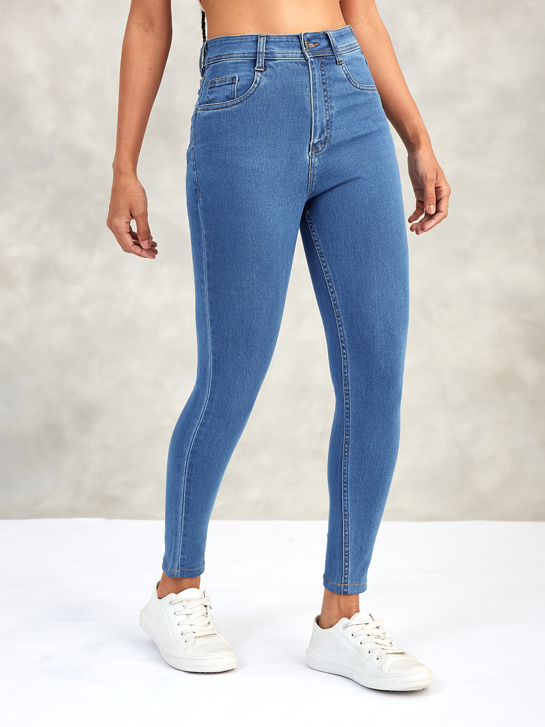 Women's Blue Skinny High-Rise Distressed Cropped Denim Jeans