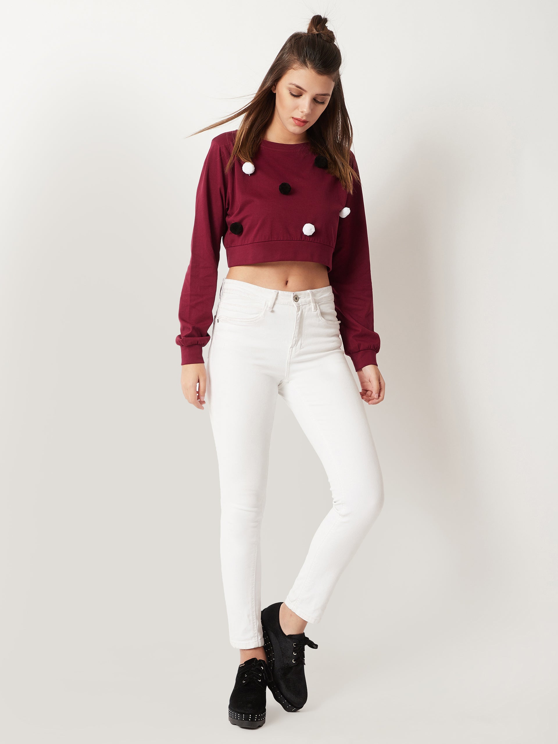 Women's Maroon Round Neck Full Sleeve Cotton Solid Pompom Detailing Boxy Crop Top